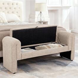 Ropilly - 60-Inch Velvet Storage Bench Extra Long Entryway Seat - Oatmeal