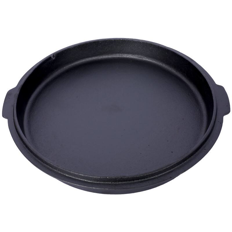 Left. BANSA ROSE - 6 qt. Round Pre-Seasoned Cast Iron Dutch Oven in Black with Skillet Lid and Leg Base for Camping Fireplace Cooking BBQ - Black.