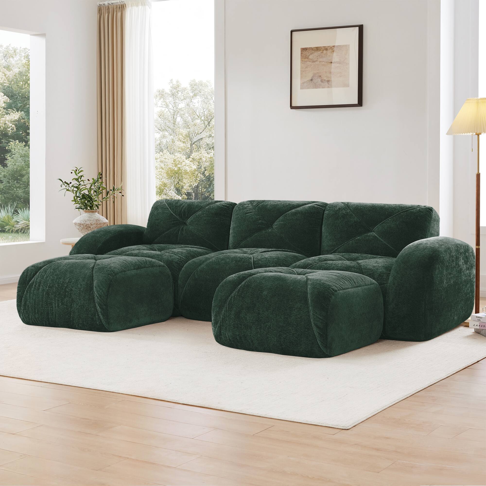 Left. LOVMOR - Velvet Couch U Shaped Modular Storage Ottoman No Assembly Anti Slip Tufted For Living Room Apartment Study Den - Green.