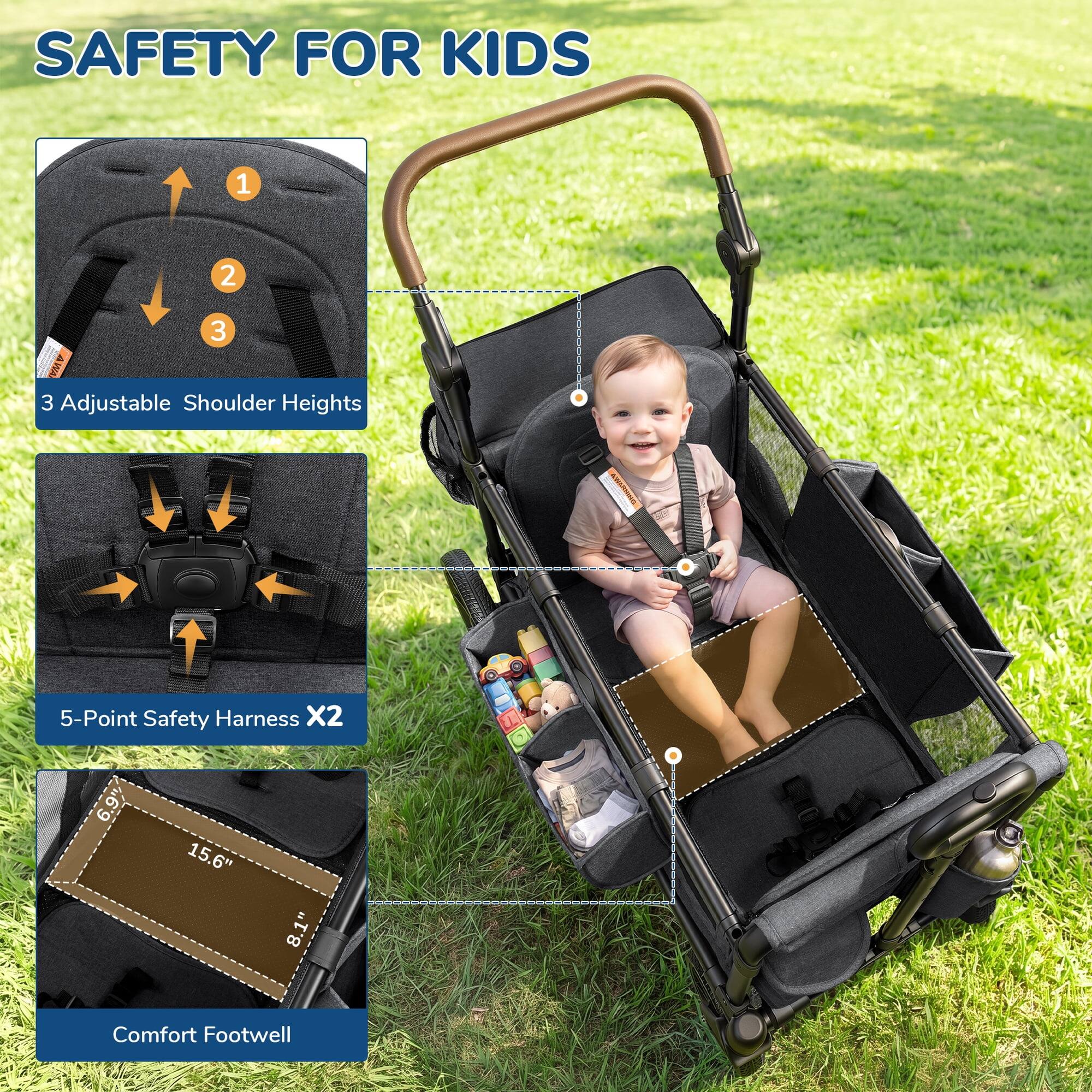 SAFETY FOR KIDS

1. 3 Adjustable Shoulder Heights
2. 5-Point Safety Harness X2
3. 6.9" x 15.6" x 8.1" Comfort Footwell