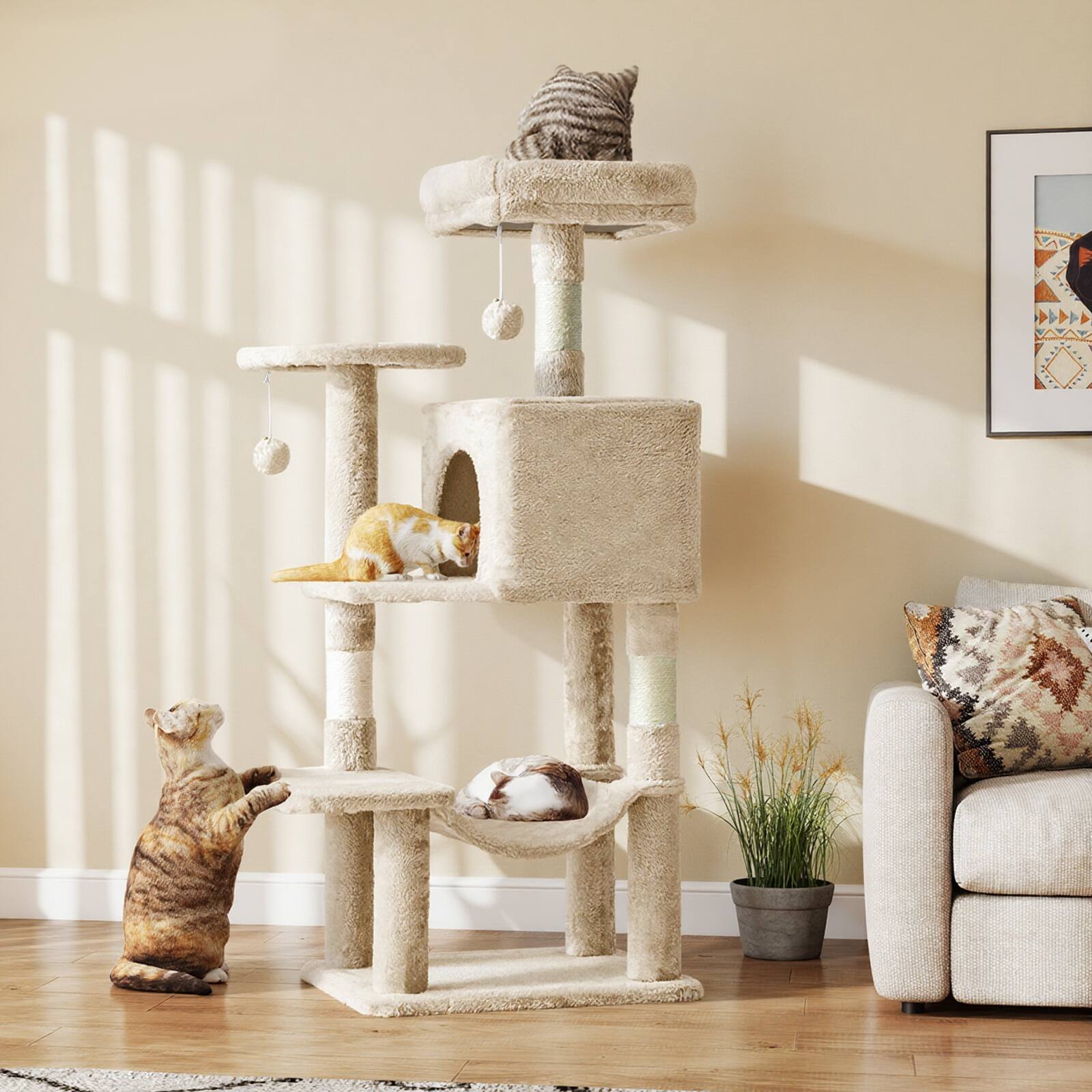 Front. AENKYO - 44" Cat Tree Tower Multi-Cat Climbing Tower with Natural Sisal Scratching Posts, Extended Platform - Beige.