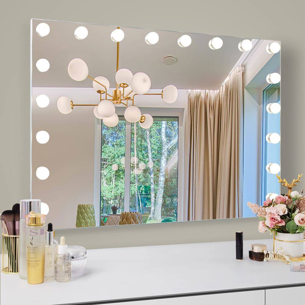 Alt View 2. Kadyn - 31.5"x22.8" Lighted Vanity Mirror with 18 Dimmable LED Bulbs, 3 Color Modes & USB Port, Table/Wall Mount, White+Silver.