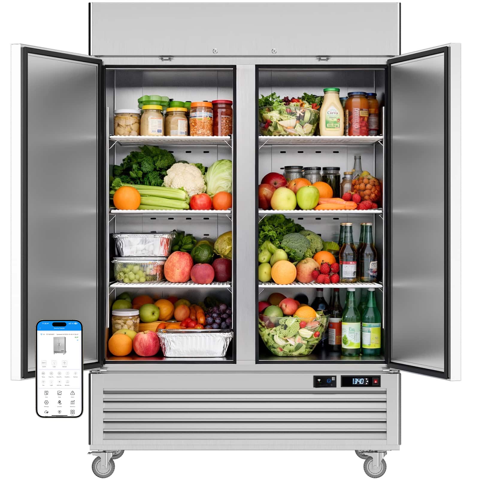 Veecool - 54.4" 49 cu.ft. WiFi Enabled Two Solid Door Commercial Reach-in Refrigerator with 8 Shelves - Stainless Steel