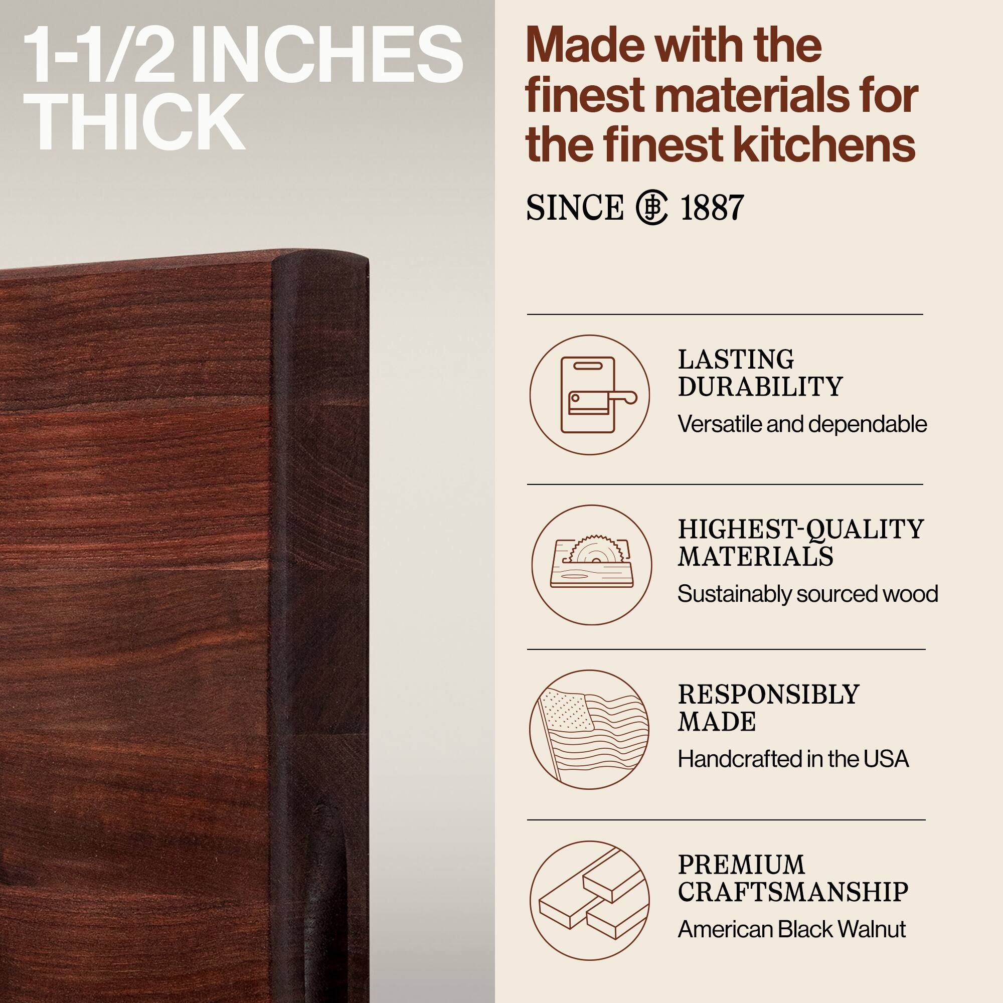 1-1/2 INCHES THICK

Made with the finest materials for the finest kitchens

SINCE 1887

LASTING DURABILITY
Versatile and dependable

HIGHEST-QUALITY MATERIALS
Sustainably sourced wood

RESPONSIBLY MADE
Handcrafted in the USA

PREMIUM CRAFTSMANSHIP
American Black Walnut