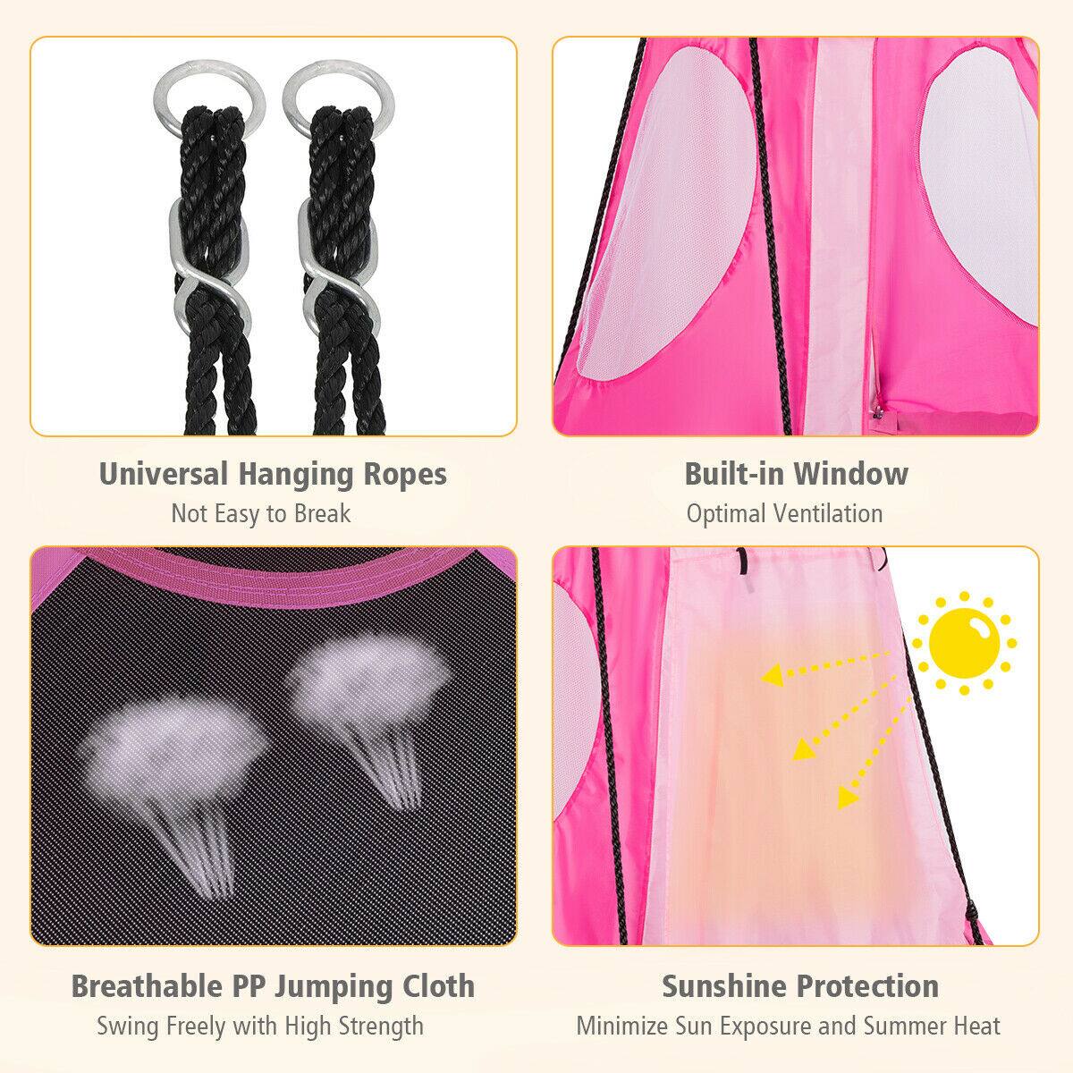 Universal Hanging Ropes  
Not Easy to Break  

Built-in Window  
Optimal Ventilation  

Breathable PP Jumping Cloth  
Swing Freely with High Strength  

Sunshine Protection  
Minimize Sun Exposure and Summer Heat