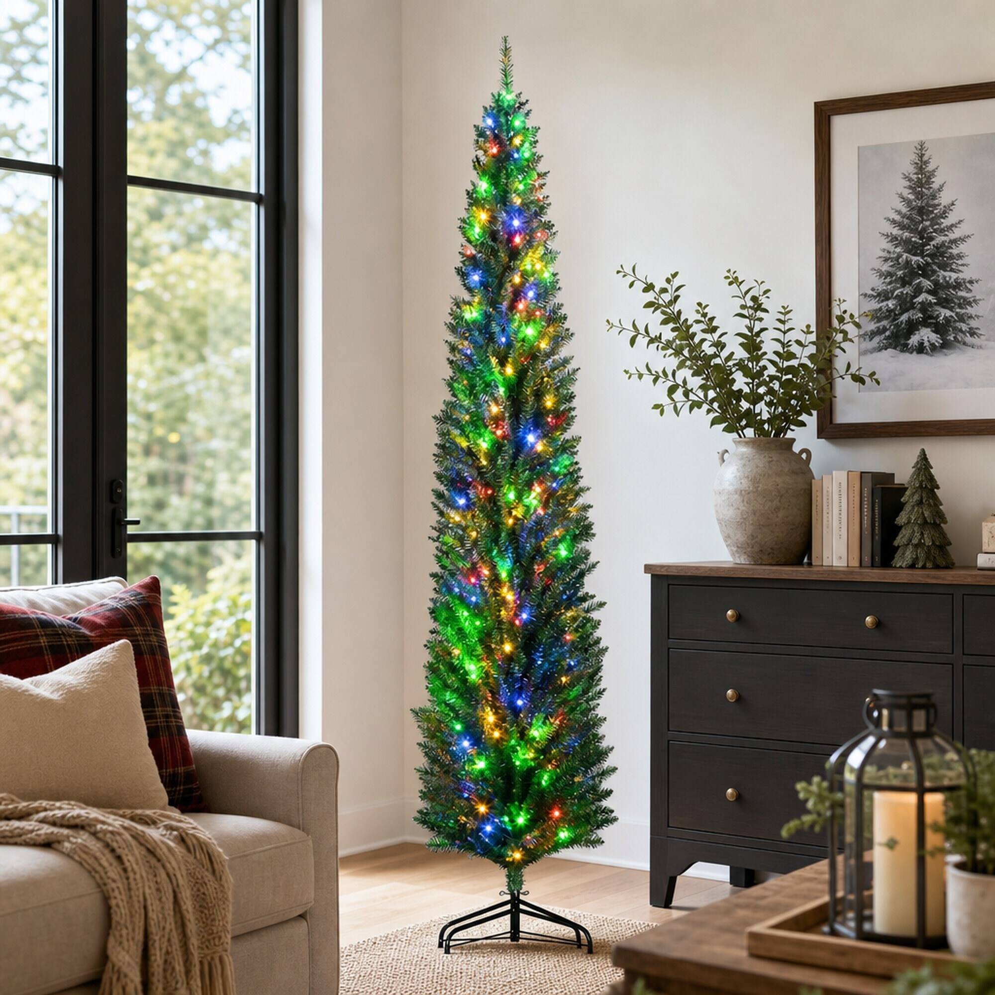Back. RYHNUYNE - 8FT Pre-Lit Pencil Christmas Tree With 250 Colorful LED Lights and 668 Branches, Green Steel Base - Green.