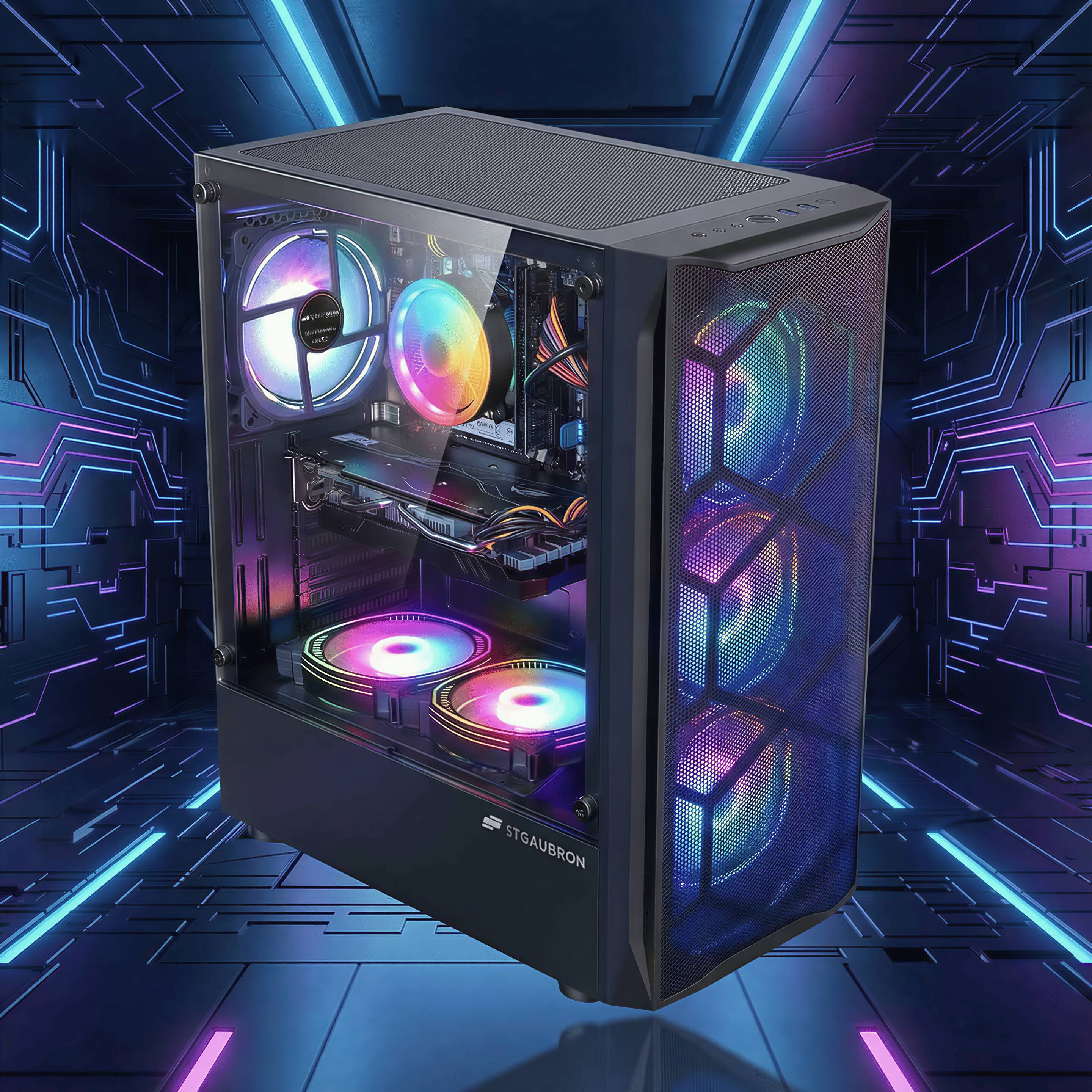 Left. STGAubron - STGAubron Gaming Desktop PC, Intel Core i7 up to 3.9GHz, Radeon RX580 8G Graphics, 16G RAM, 512G SSD, USB WiFi 6, Win11H - Black.