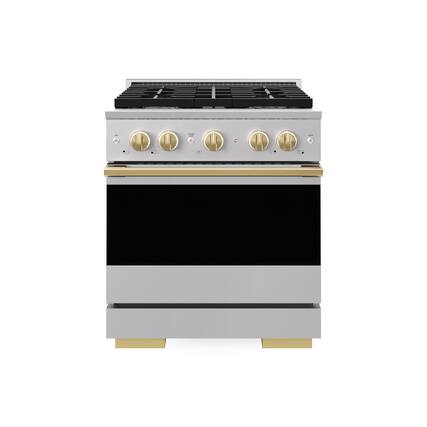 Front. ZLINE - Autograph 30 in. 4.2 cu. ft. Marino Freestanding Gas Range with 4 Burners and Manual Clean Oven with Gold Accents - Stainless Steel.