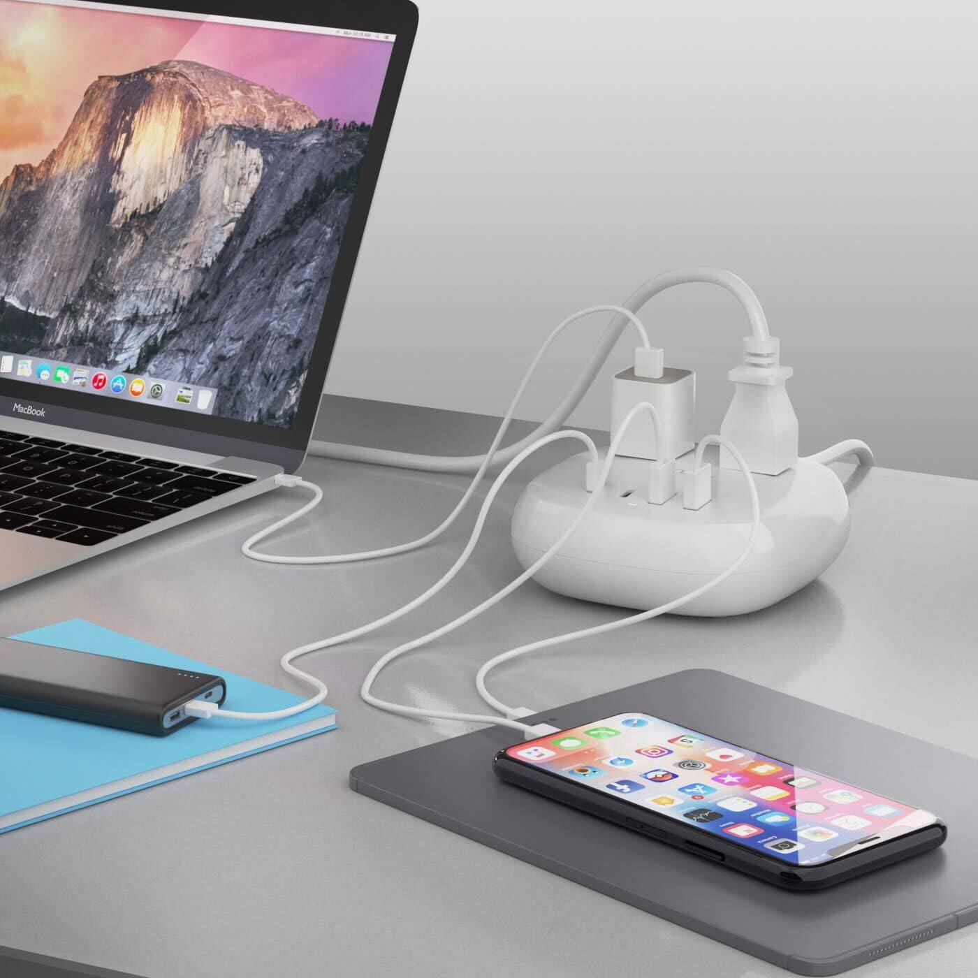 Left. Ceptics - Ceptics USB Power Strip – Compact Travel Surge Protector – Dual USB-A + USB-C & 2 Grounded Outlets – 5 ft Cord, 21W - White.