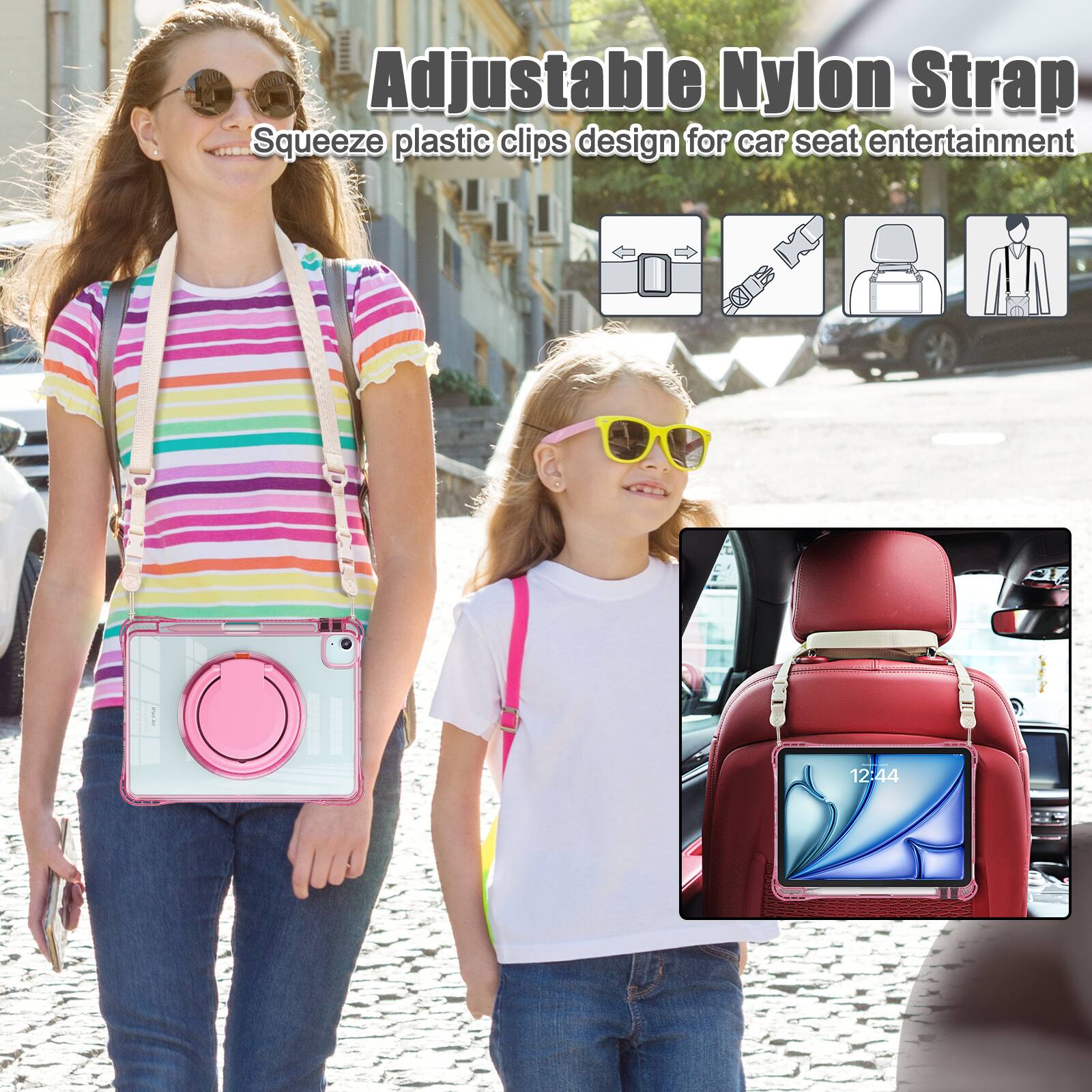 Adjustable Nylon Strap  
Squeeze plastic clips design for car seat entertainment