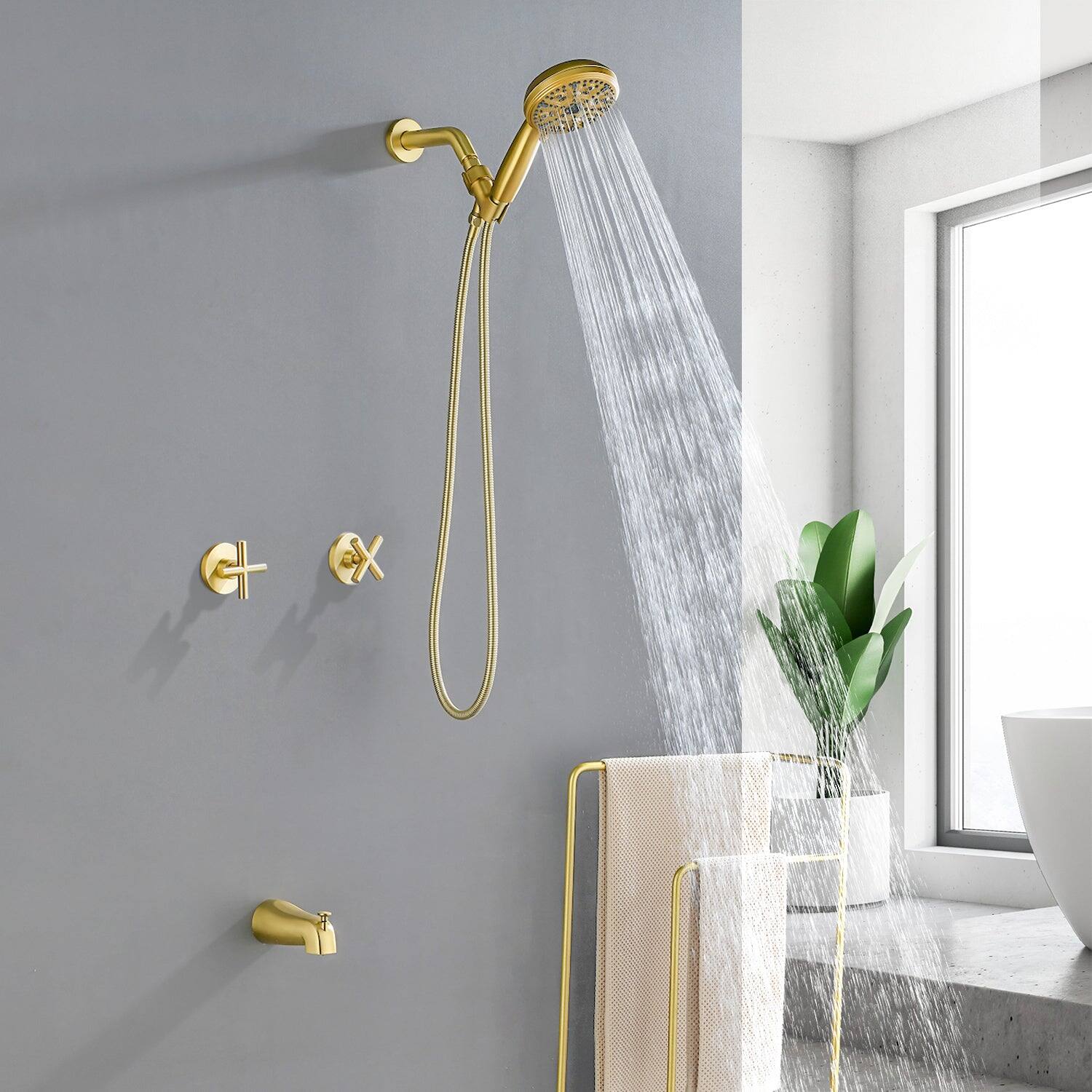 Alt View 3. Boyel Living - Brushed Gold Shower Set with Dual Handles and 10 Function ABS Handheld Shower - Brushed Gold.