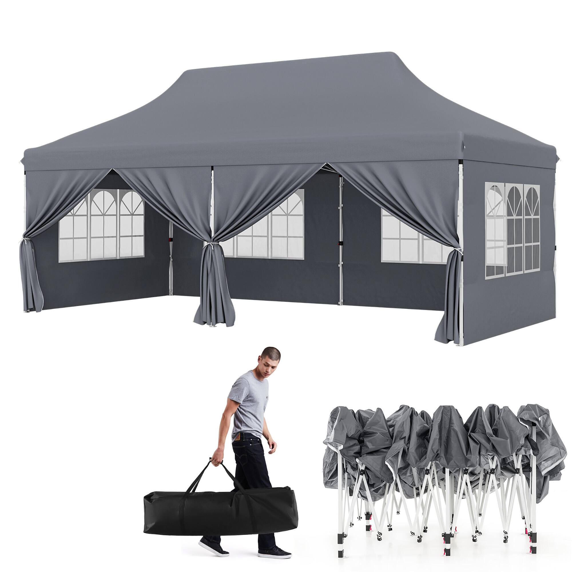 Alt View 9. Gymax - Gymax 10 x 20 FT Canopy w/ 6 Detachable Sidewalls Carrying Bag UPF50+ Sun Protection Gray - Gray.