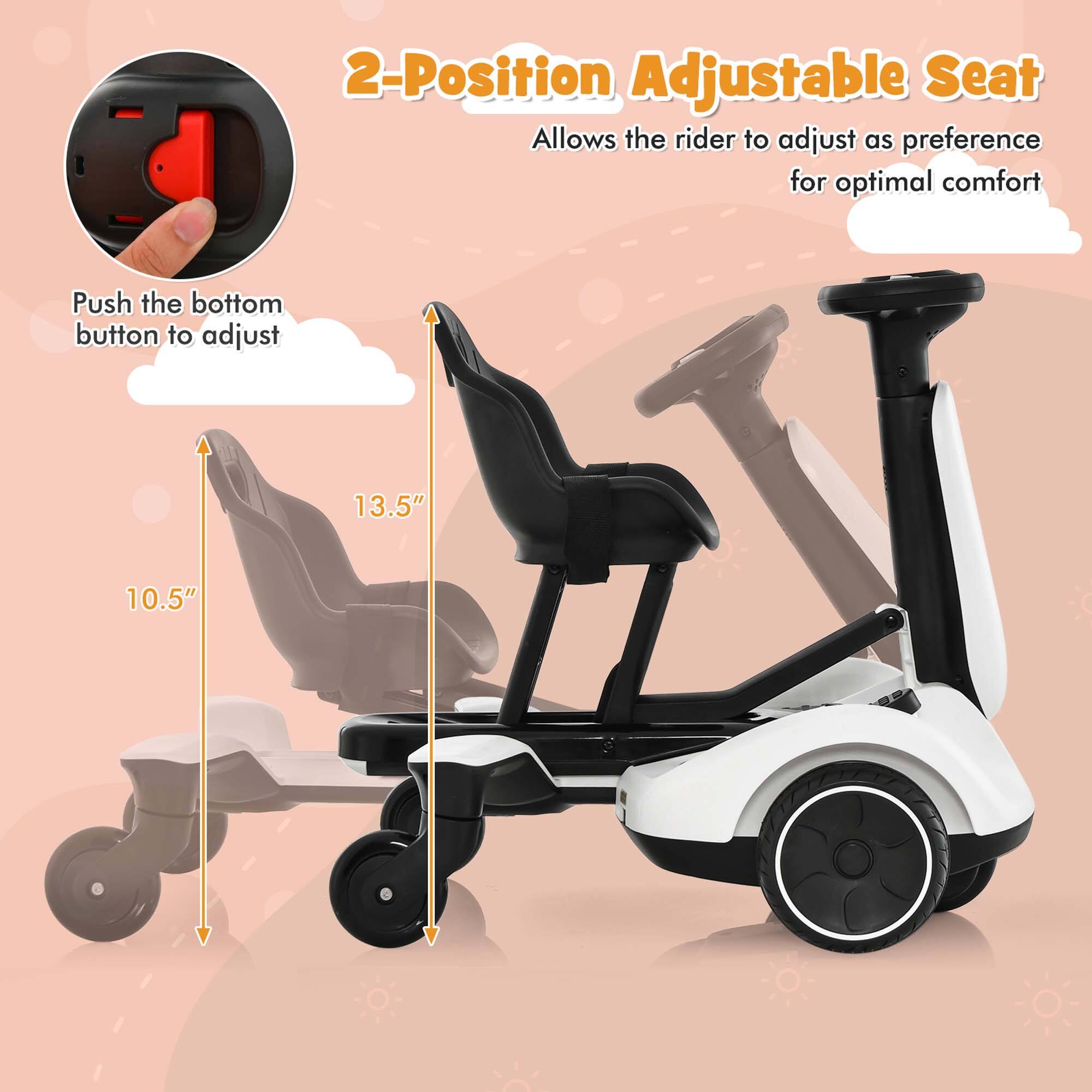 2-Position Adjustable Seat  
Allows the rider to adjust as preference for optimal comfort  
Push the bottom button to adjust  
13.5"  
10.5"