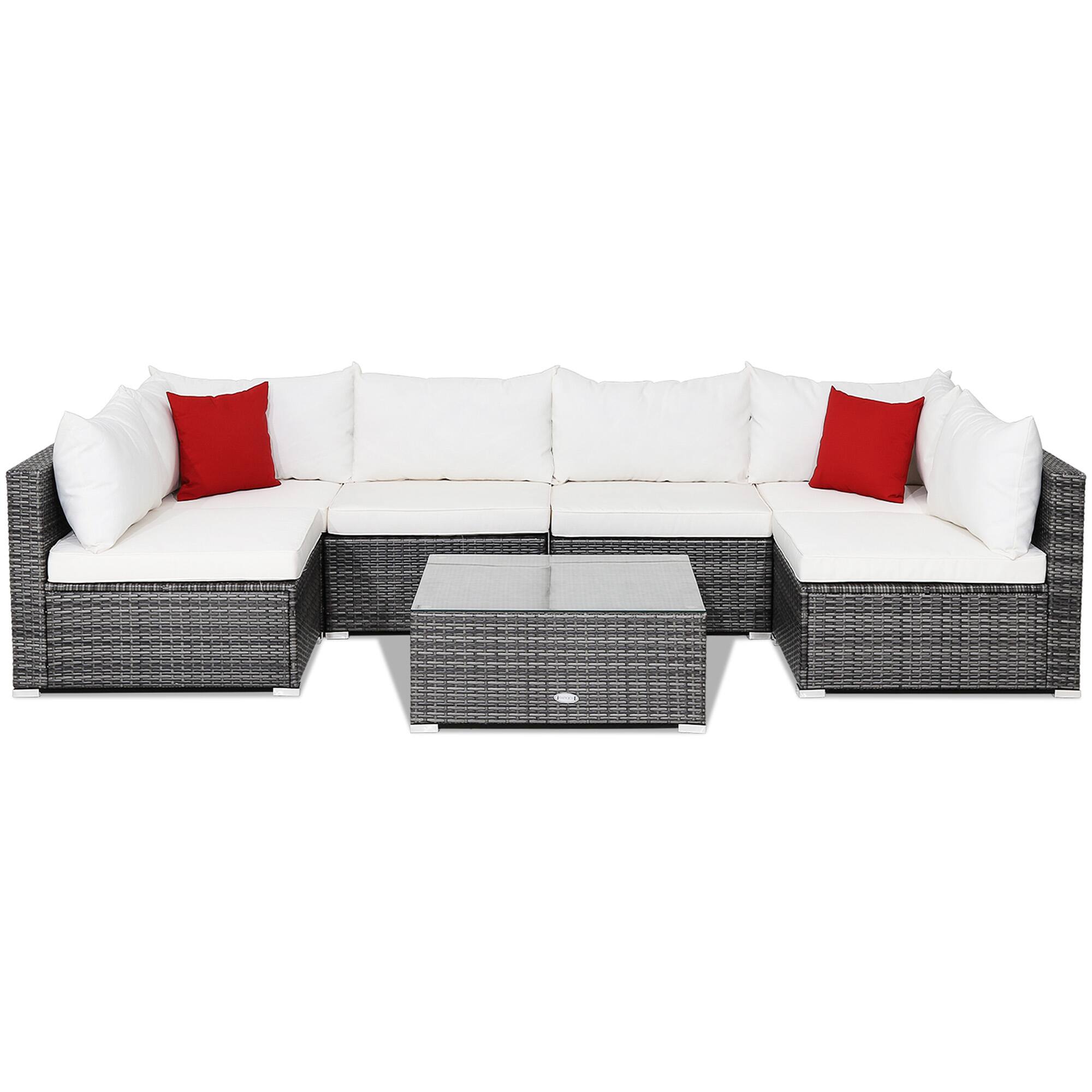 Alt View 1. Gymax - Gymax 7PCS Patio Rattan Sectional Sofa Set Outdoor Furniture Set w/ Off White Cushions - Off White.