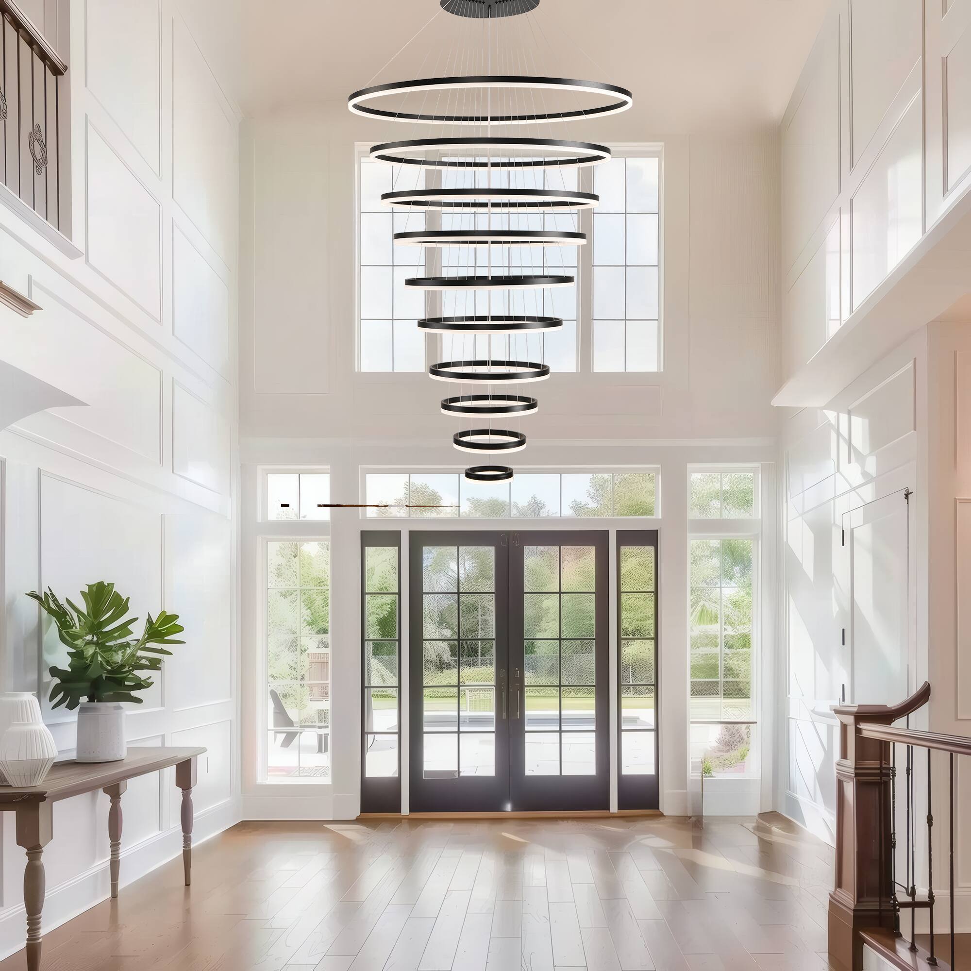 Alt View 2. RYHNUYNE - 10-Ring Modern LED Chandelier with Remote Adjustable Height Dimmable Pendant Light for High Ceilings Foyer Living Room - Black.