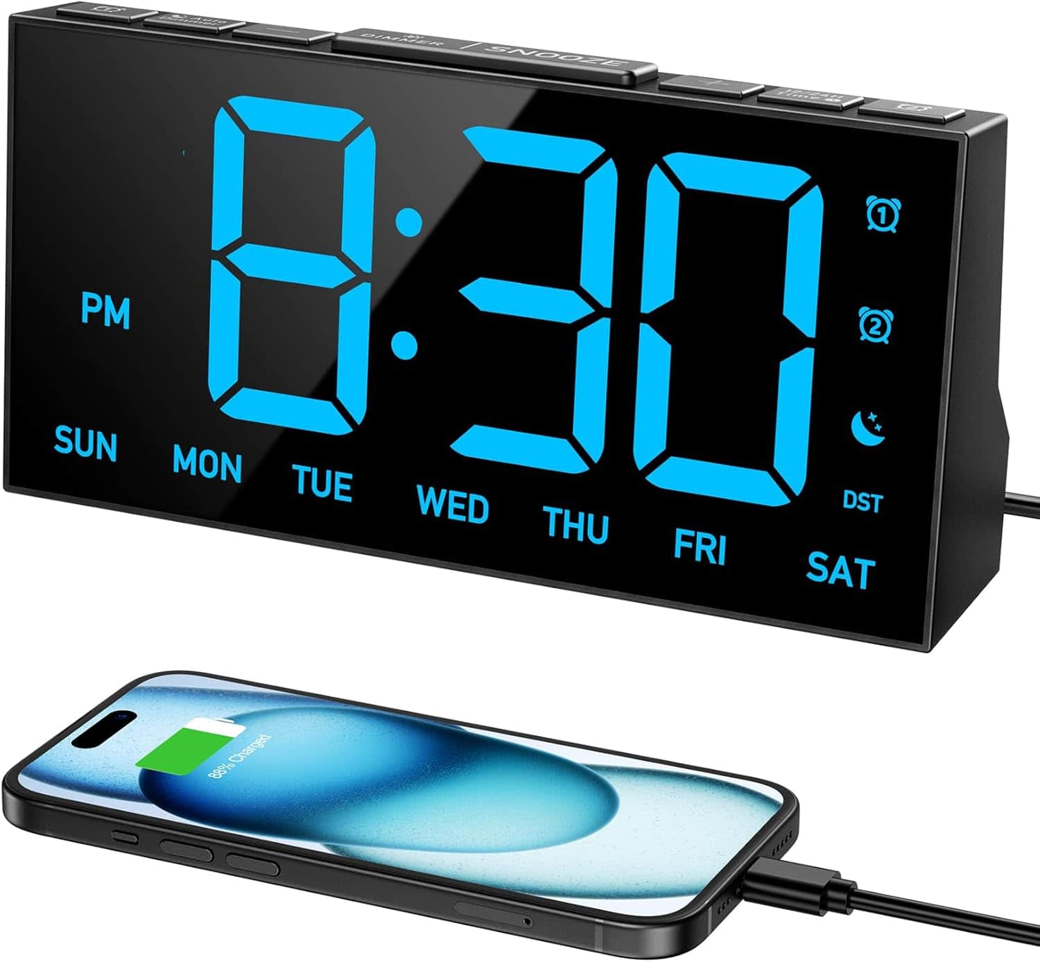 Dazzed Corner - Digital Alarm Clocks for Bedrooms, Desk Clock,USB Port,12/24H - Black