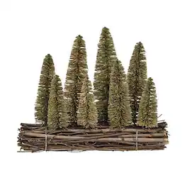 BreeBe - Bottle Brush Christmas Trees on Wooden Log - Green, Brown