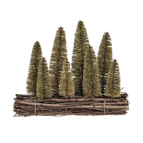 Front. BreeBe - Bottle Brush Christmas Trees on Wooden Log - Green, Brown.