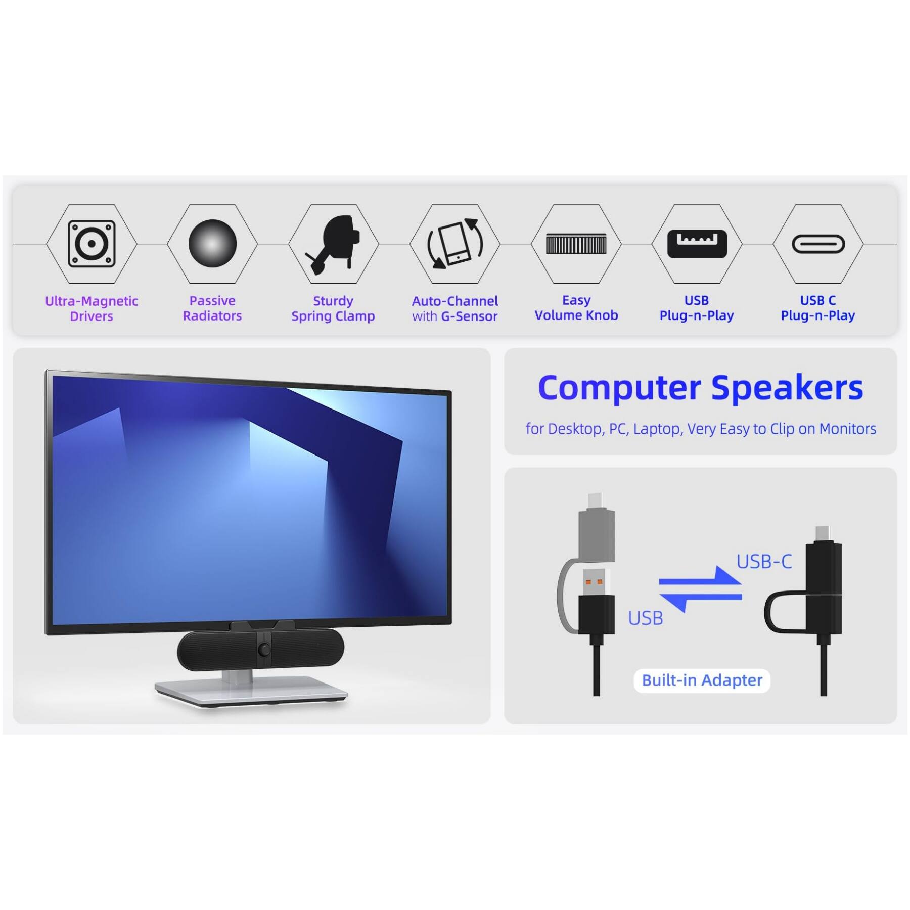 Ultra-Magnetic Passive Drivers Radiators Sturdy Auto-Channel Spring Clamp with G-Sensor Volume Knob USB Plug-n-Play USB-C Built-in Adapter Computer Speakers for Desktop, PC, Laptop, Very Easy to Clip on Monitors