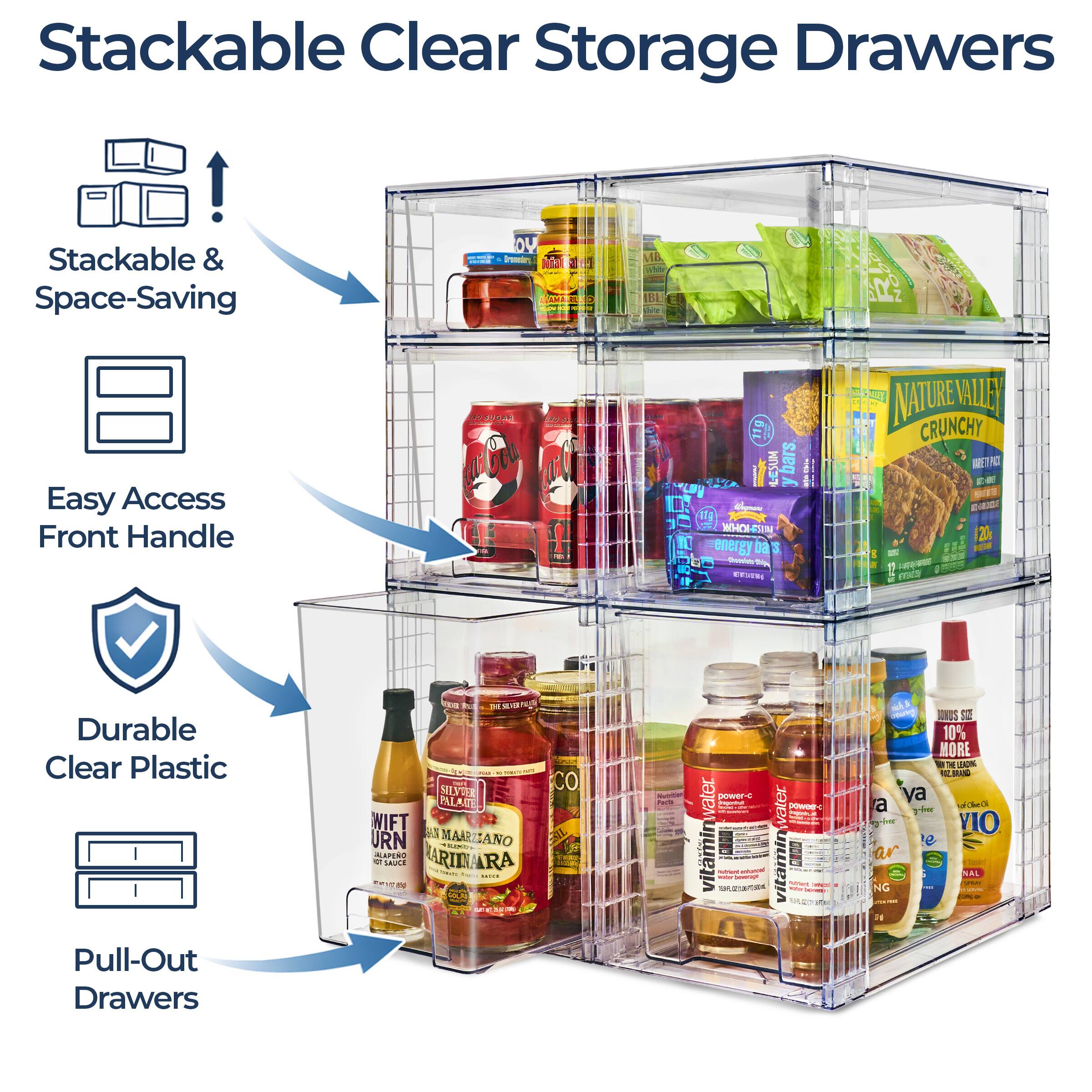 Stackable Clear Storage Drawers

- Stackable & Space-Saving
- Easy Access Front Handle
- Durable Clear Plastic
- Pull-Out Drawers