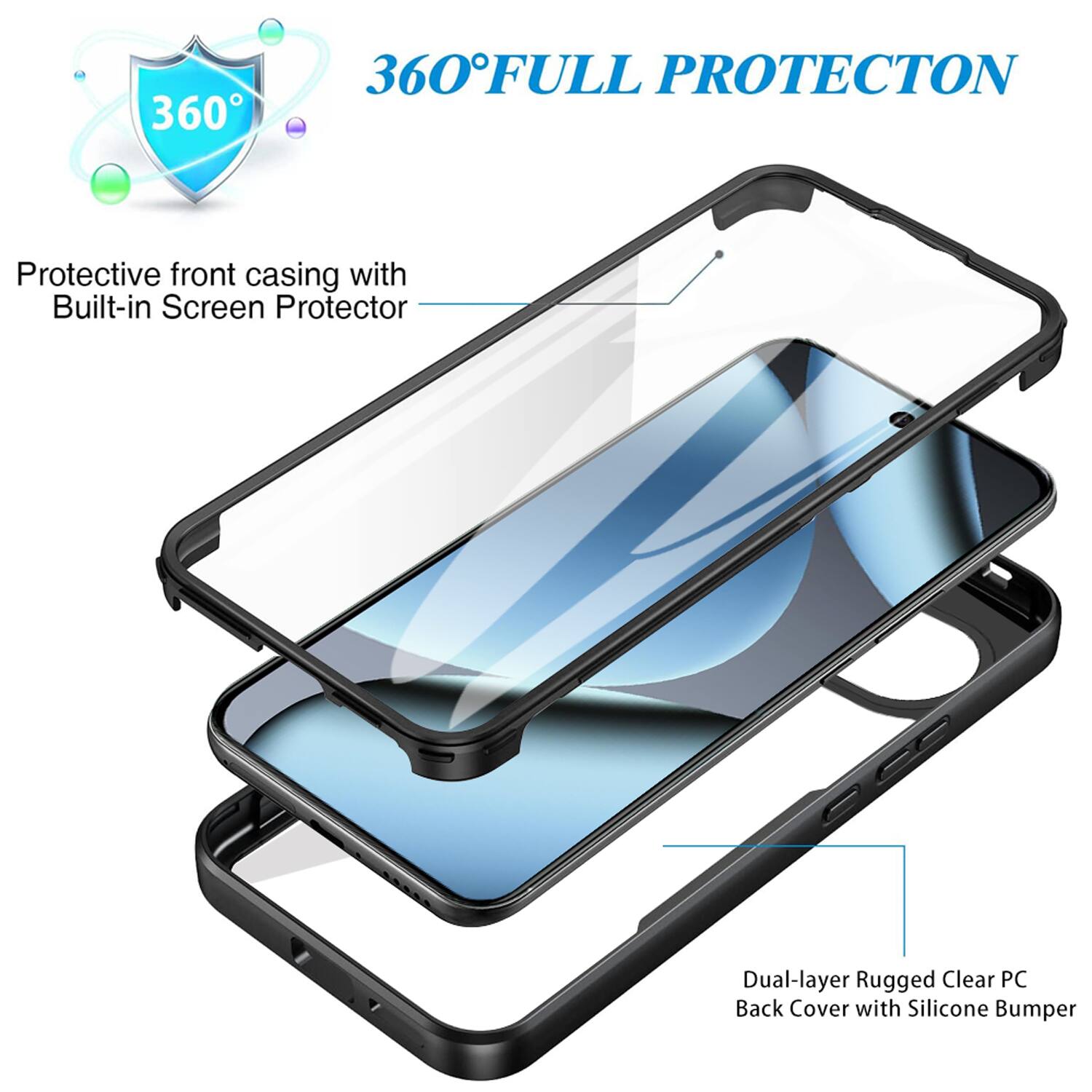360° FULL PROTECTION

Protective front casing with Built-in Screen Protector

Dual-layer Rugged Clear PC Back Cover with Silicone Bumper