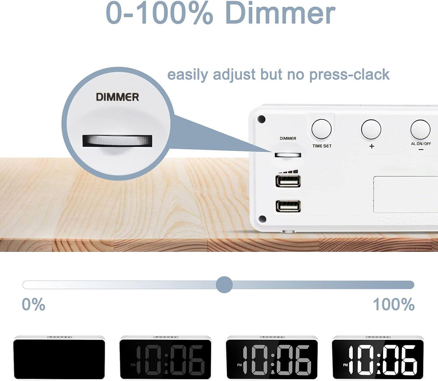0-100% Dimmer

easily adjust but no press-clack

DIMMER TIME SET + AL ON/OFF

0% 100%

PM 10:06 PM 10:06 PM 10:06