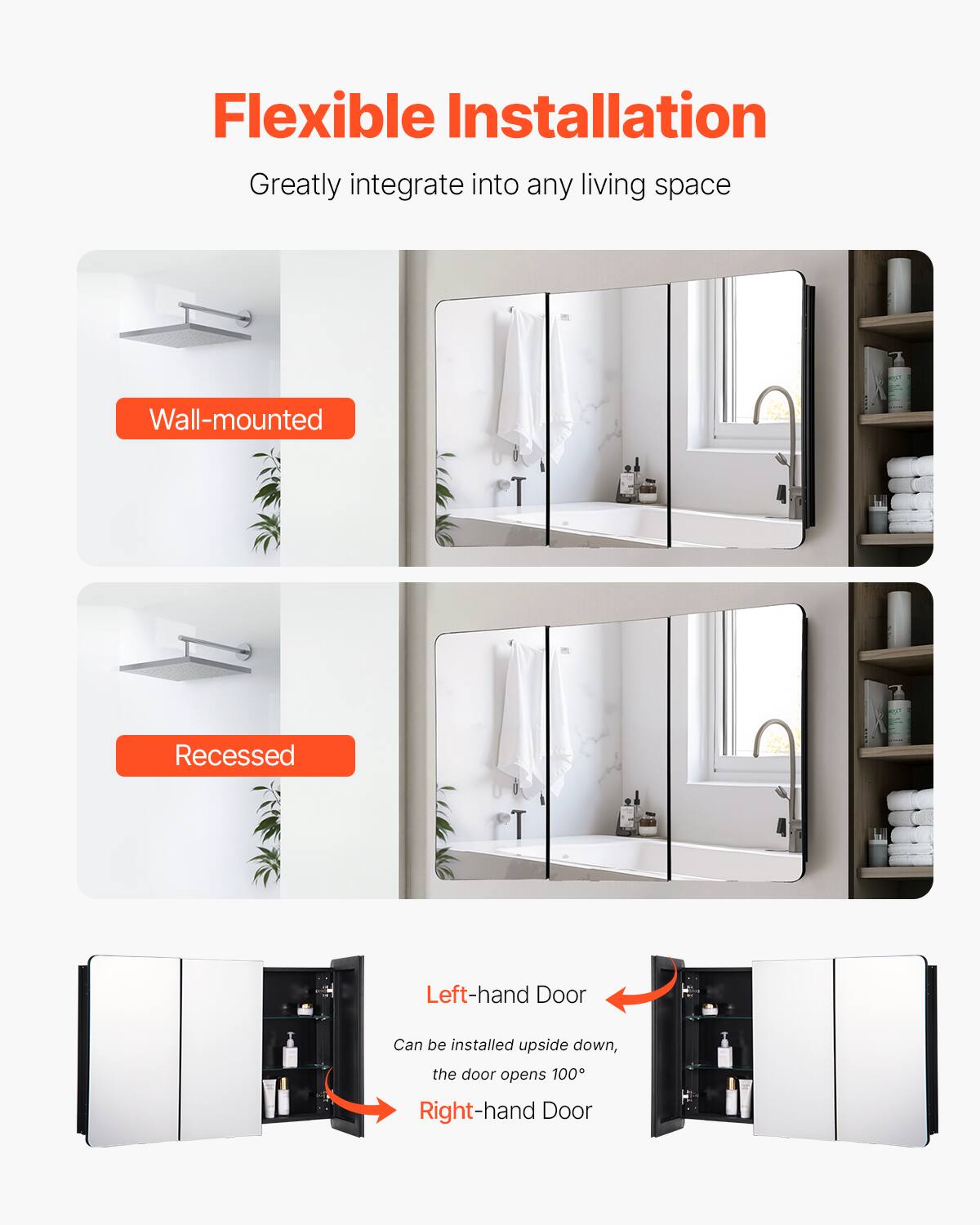 Flexible Installation  
Greatly integrate into any living space  

Wall-mounted  

Recessed  

Left-hand Door  
Can be installed upside down, the door opens 100°  

Right-hand Door