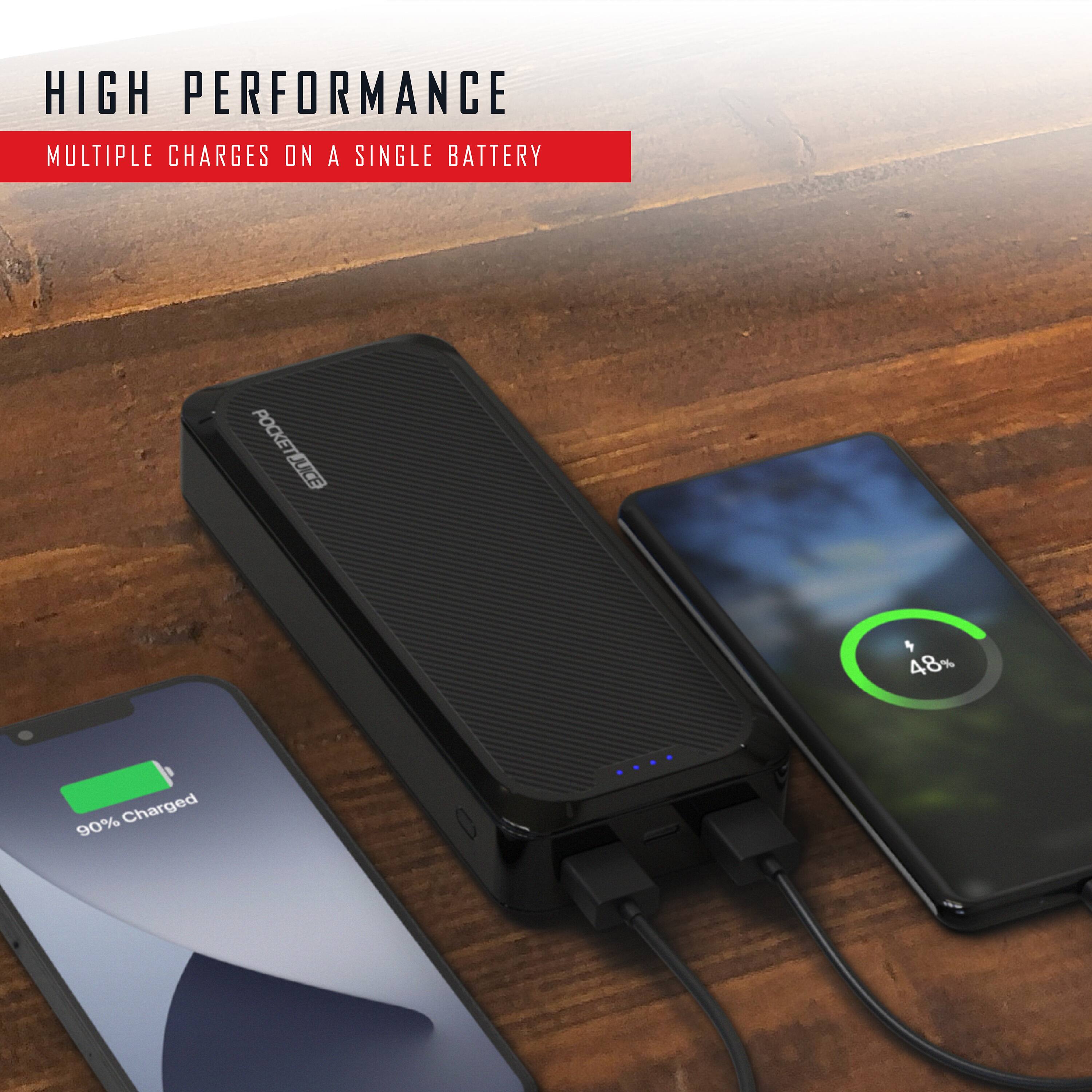 HIGH PERFORMANCE  
MULTIPLE CHARGES ON A SINGLE BATTERY  

POCKET JUICE 4  

90% Charged  
48%