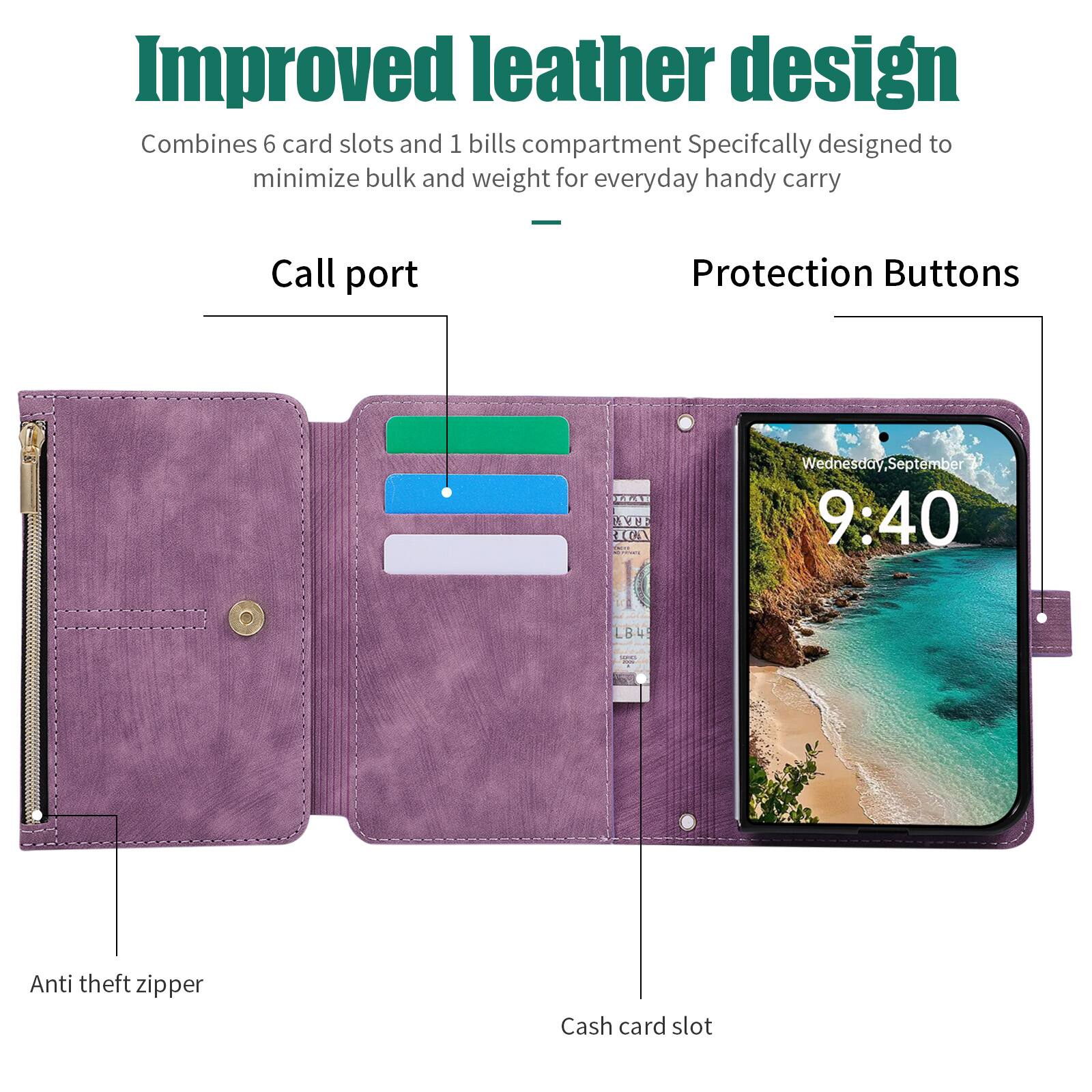 Improved leather design  
Combines 6 card slots and 1 bills compartment  
Specifically designed to minimize bulk and weight for everyday handy carry

- Call port
- Protection Buttons
- Anti theft zipper
- Cash card slot