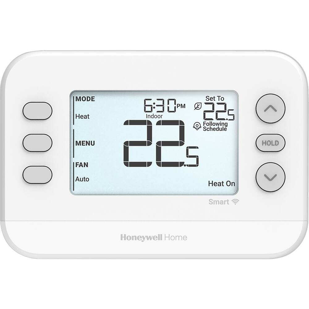 - MODE: Heat
- Set To: 6:30 PM
- Indoor: 22.5°C
- Following Schedule
- FAN: Auto
- Heat On
- Smart
- Honeywell Home