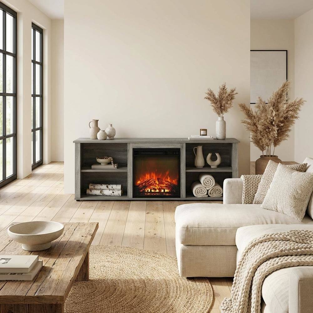 Alt View 2. FurniFact - Wood TV stand with fireplace in French Oak Grey for modern living - Gray.