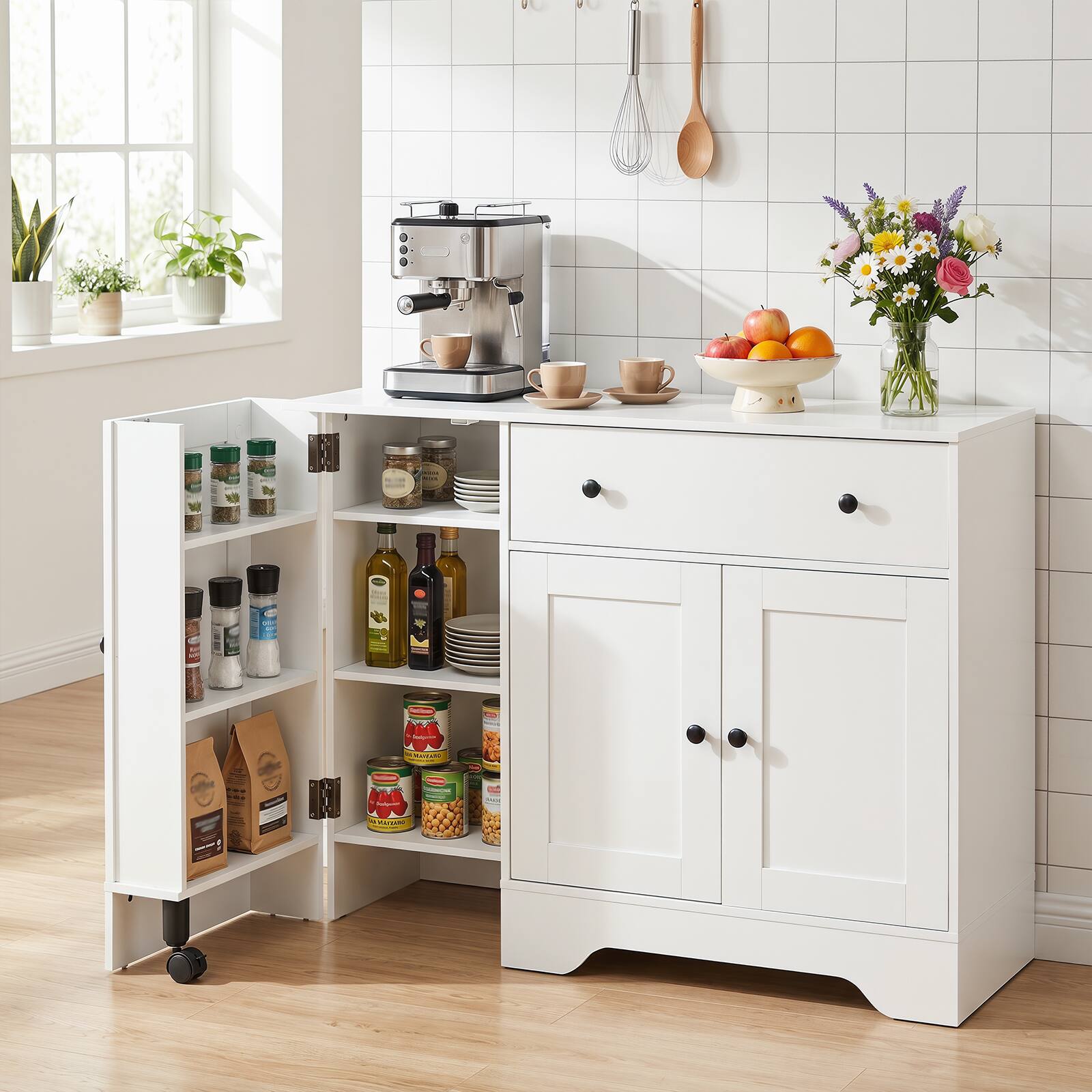 Alt View 3. Costway - Costway 41.5" Buffet Cabinet with Storage, 3 Doors, Drawer, Shelves, Rolling Wheel - White.