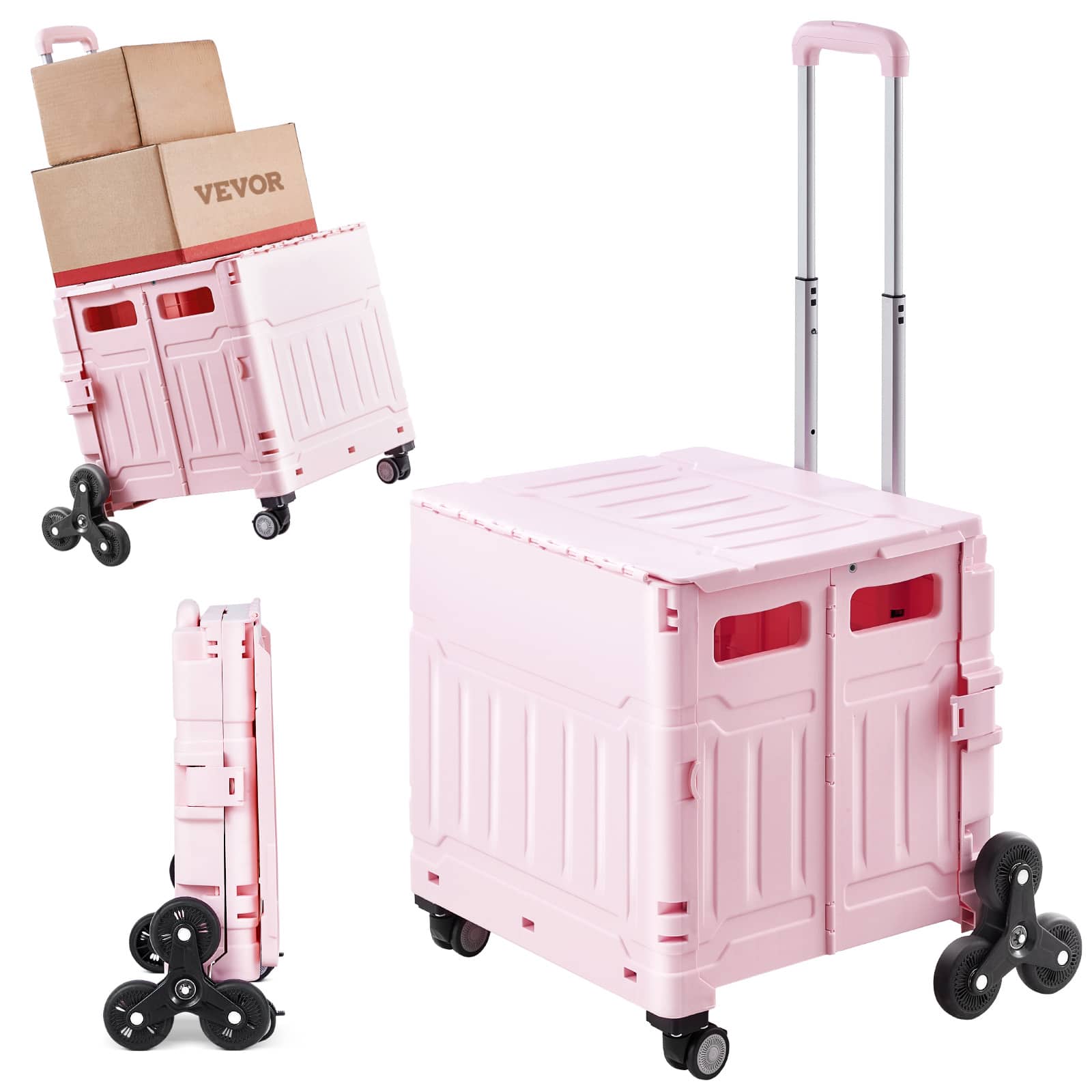 VEVOR - Foldable Utility Cart, 65L Collapsible Portable Crate Rolling Cart with Stair Climbing Wheels & 360° Swivel Wheels, Hand - Pink