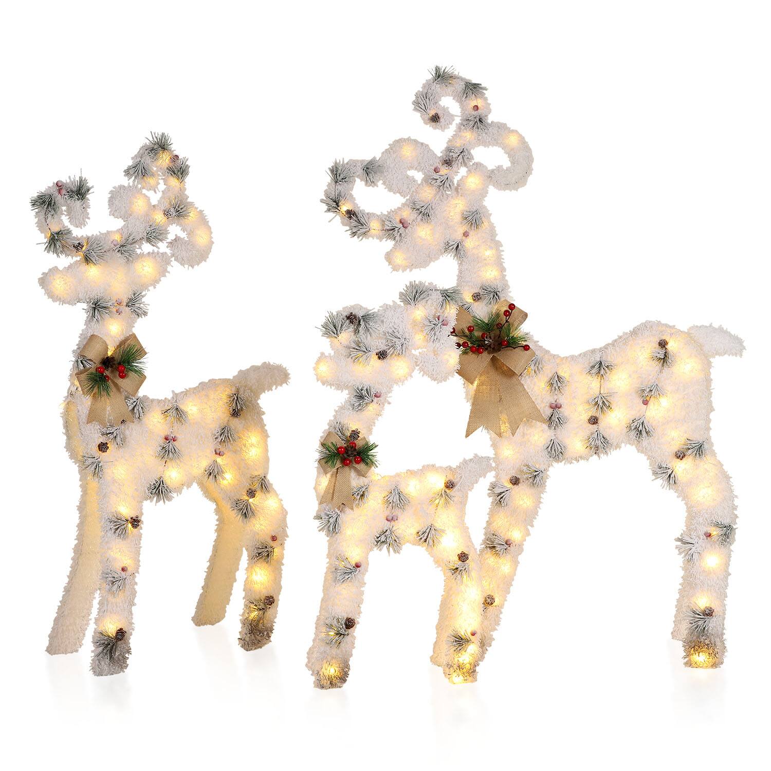 Left. Oumilen - Pre‑Lit Flocked Reindeer 3‑Piece Set – L/M/S Christmas Yard Sculptures with Bow & Pine Cone for Outdoor Lawn.