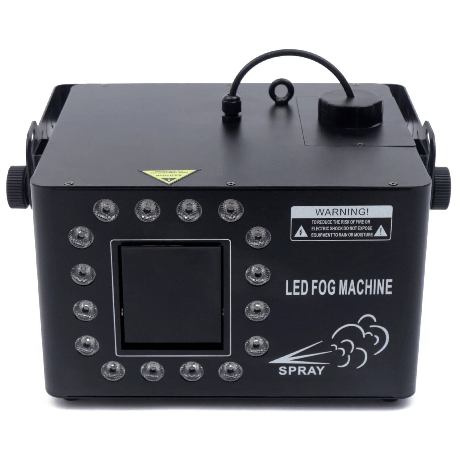**WARNING!**  
TO REDUCE THE RISK OF FIRE OR ELECTRIC SHOCK DO NOT EXPOSE EQUIPMENT TO RAIN OR MOISTURE  

**LED FOG MACHINE**  
SPRAY