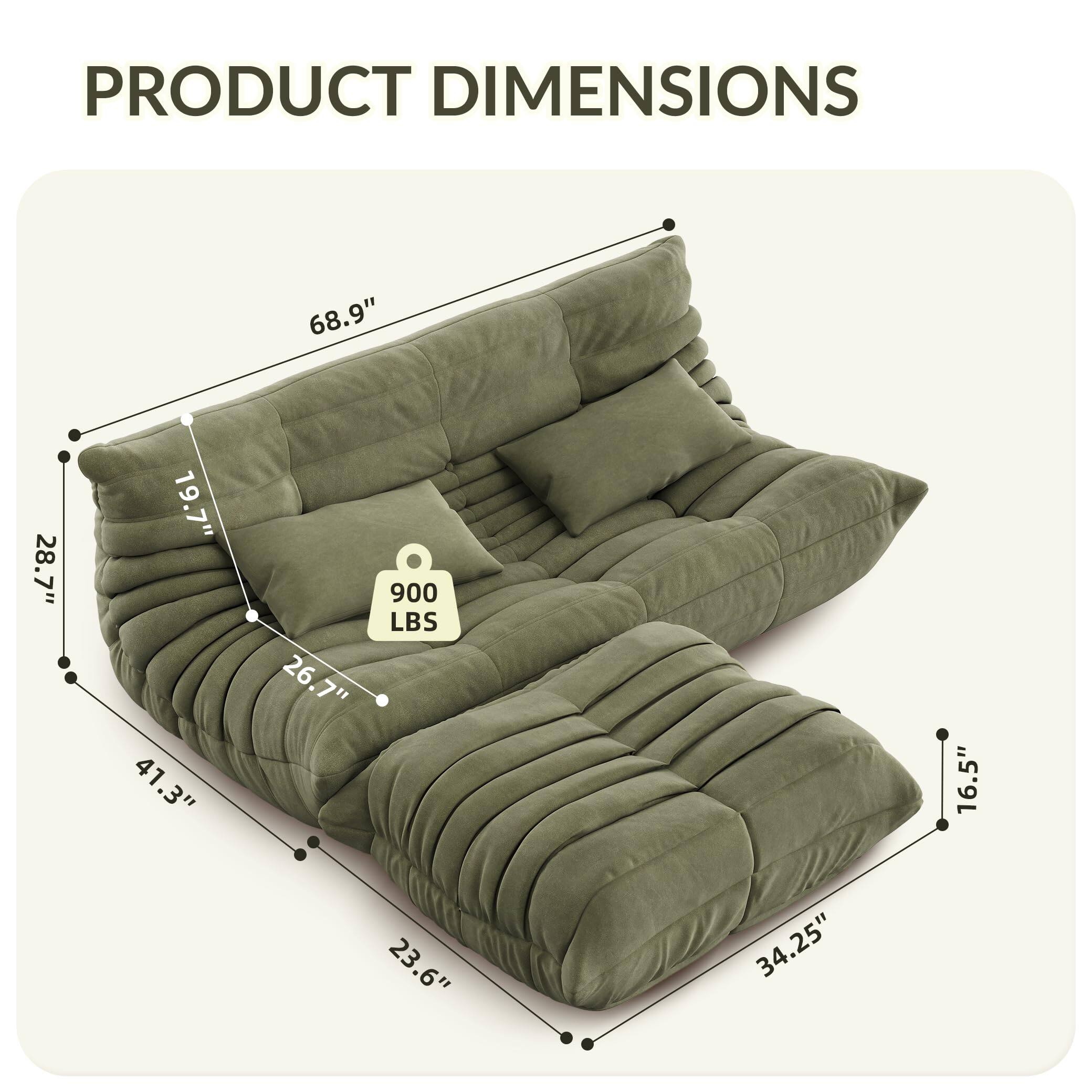 PRODUCT DIMENSIONS

- Length: 68.9"
- Width: 34.25"
- Height: 28.7"
- Depth: 26.7"
- Seat Height: 19.7"
- Arm Height: 23.6"
- Weight Capacity: 900 LBS