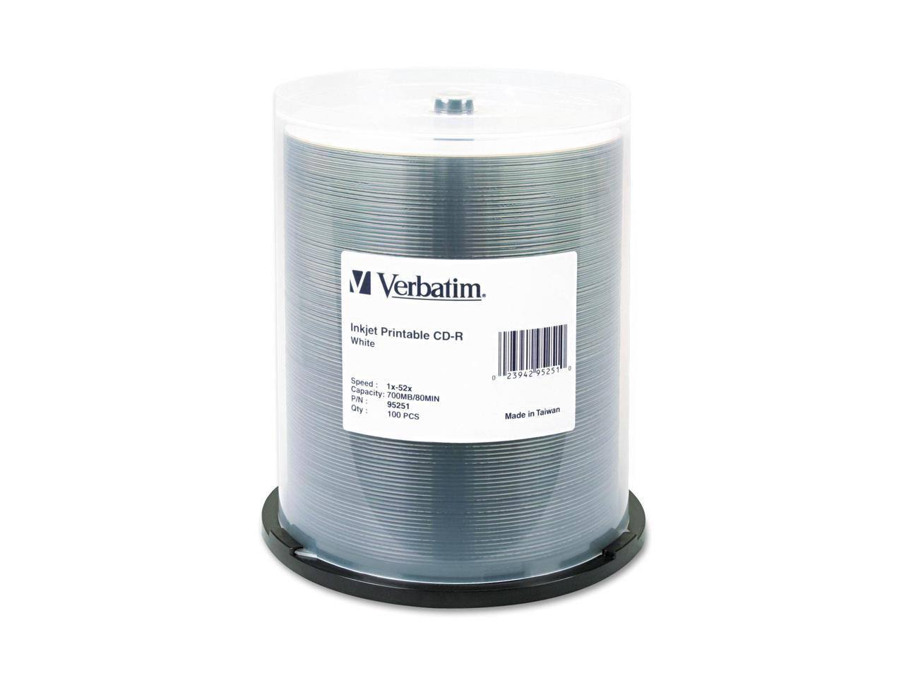 Verbatim  
Inkjet Printable CD-R White  
Speed: 1x-52x  
Capacity: 700MB/80MIN  
P/N: 95251  
Qty: 100 PCS  
Made in Taiwan