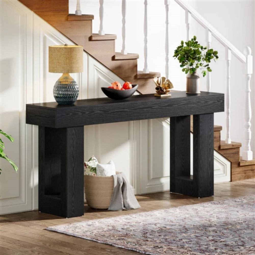Angle. Hivvago - Modern Farmhouse 63-inch Narrow Entryway Console Sofa Table in Black Wood Finish - Black.