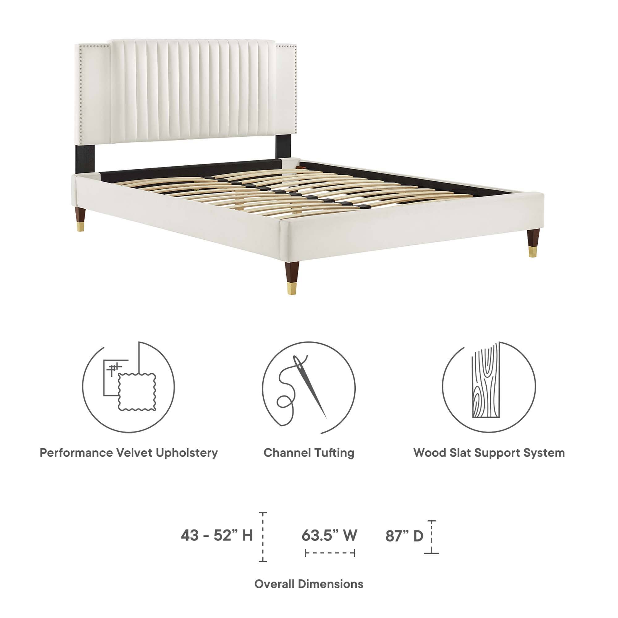 Performance Velvet Upholstery  
Channel Tufting  
Wood Slat Support System  

43 - 52" H  
63.5" W  
87" D  

Overall Dimensions