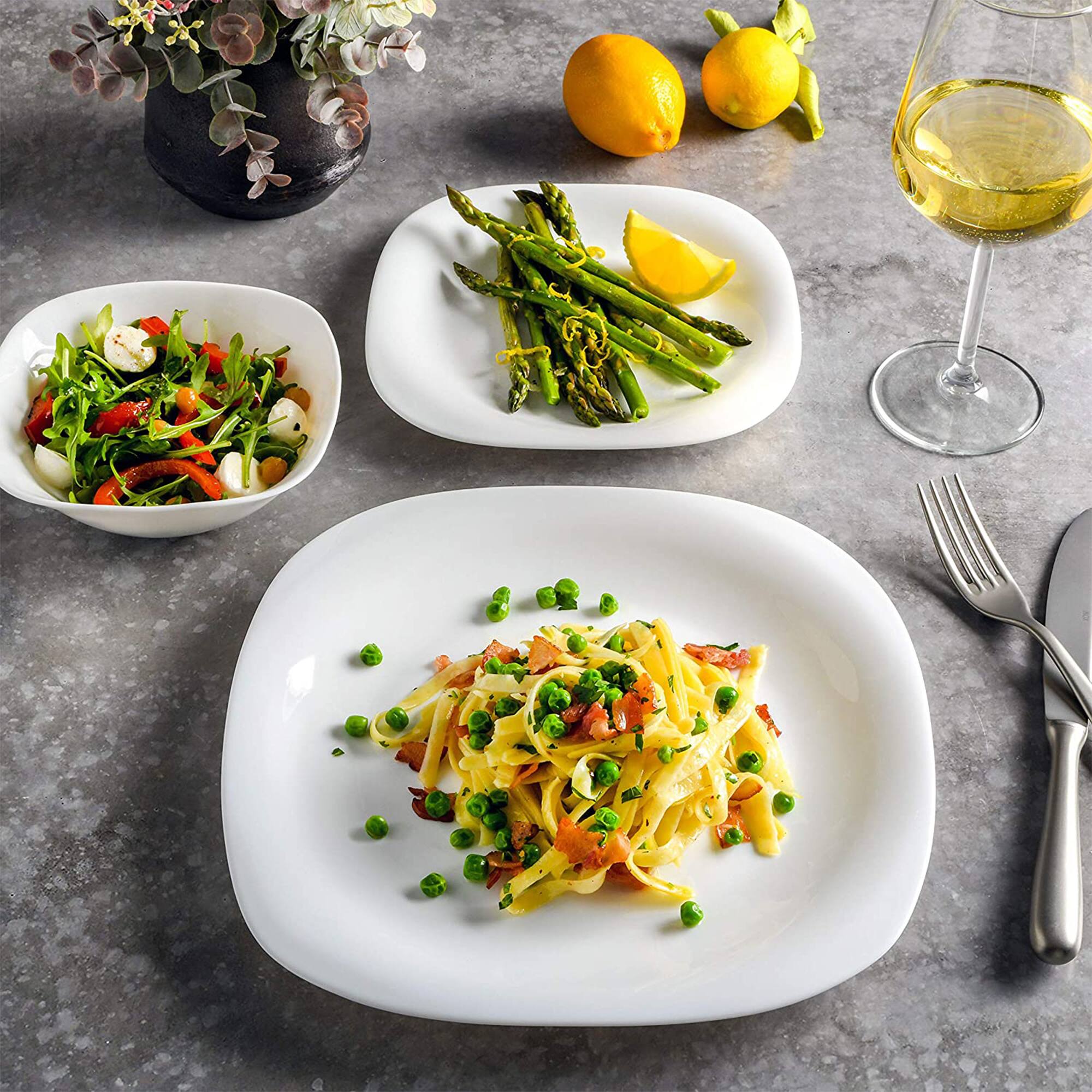 Alt View 4. Gibson - Gibson Home Break and Chip Resistant Square Dinnerware Set, Service for 6, Opal - Opal Glass - Square.