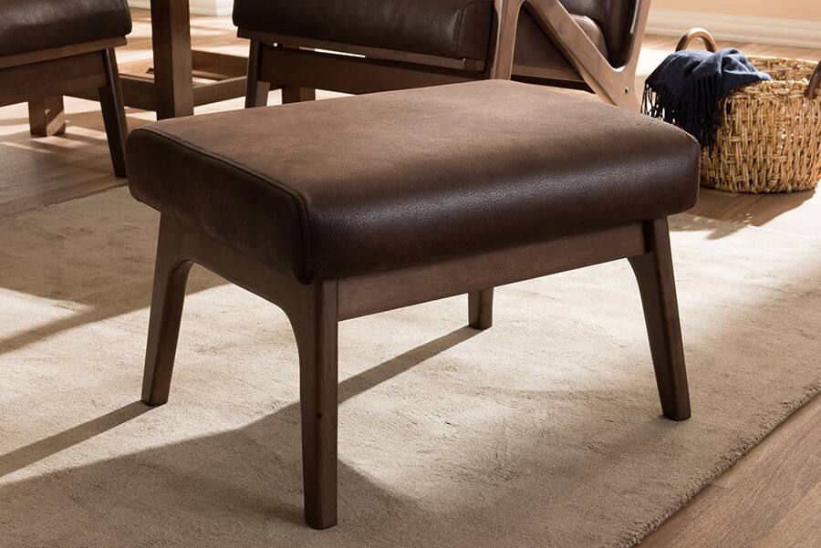Back. Baxton Studio - Bianca Mid-Century Modern Walnut Wood Distressed Faux Leather Effect Ottoman - Dark Brown/"Walnut" Brown.