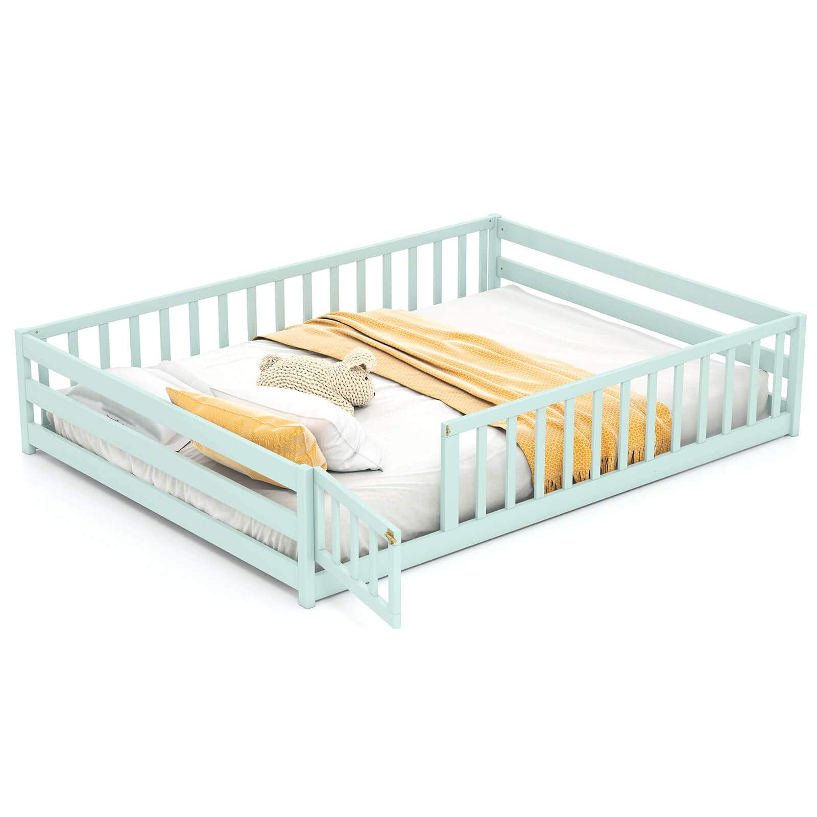 Costway - Full Size Floor Bed with Full Length Safety Guardrails & Door for Boys, Girls - Mint Sky