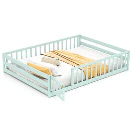 Costway - Full Size Floor Bed with Full Length Safety Guardrails & Door for Boys, Girls - Mint Sky