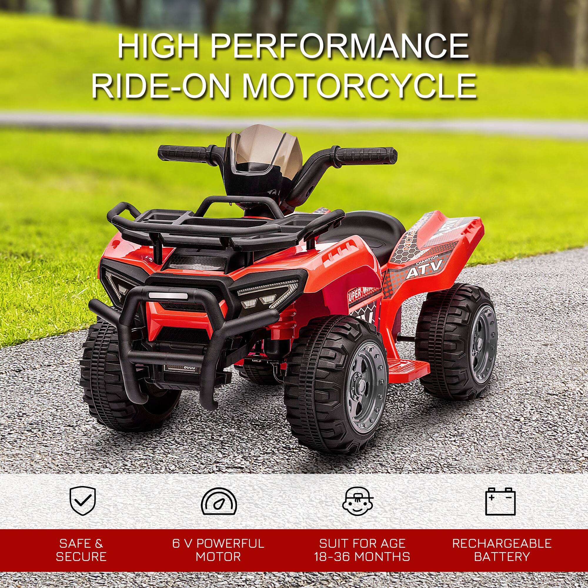 HIGH PERFORMANCE RIDE-ON MOTORCYCLE

- SAFE & SECURE
- 6 V POWERFUL MOTOR
- SUIT FOR AGE 18-36 MONTHS
- RECHARGEABLE BATTERY