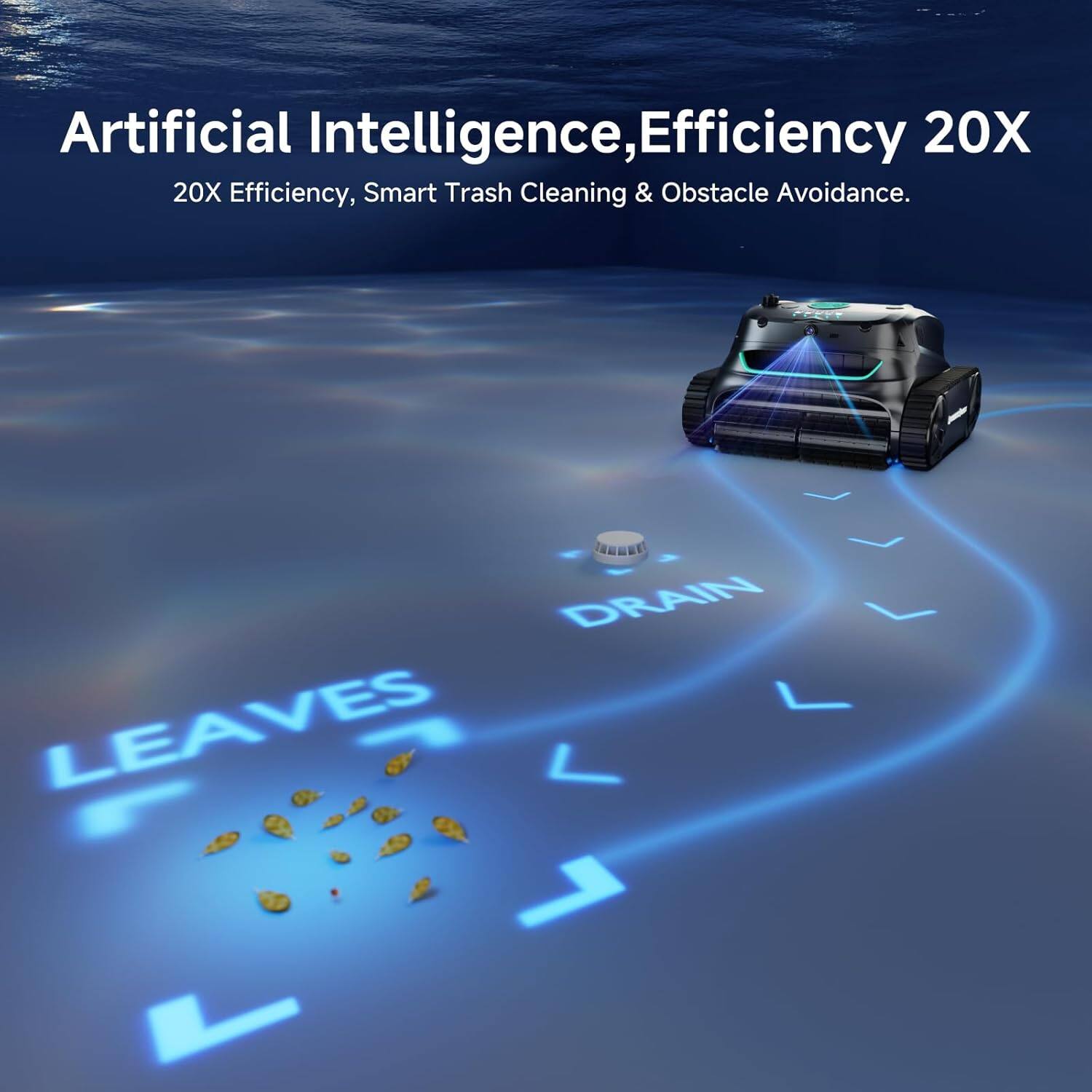 Artificial Intelligence, Efficiency 20X  
20X Efficiency, Smart Trash Cleaning & Obstacle Avoidance.  

LEAVES  
DRAIN
