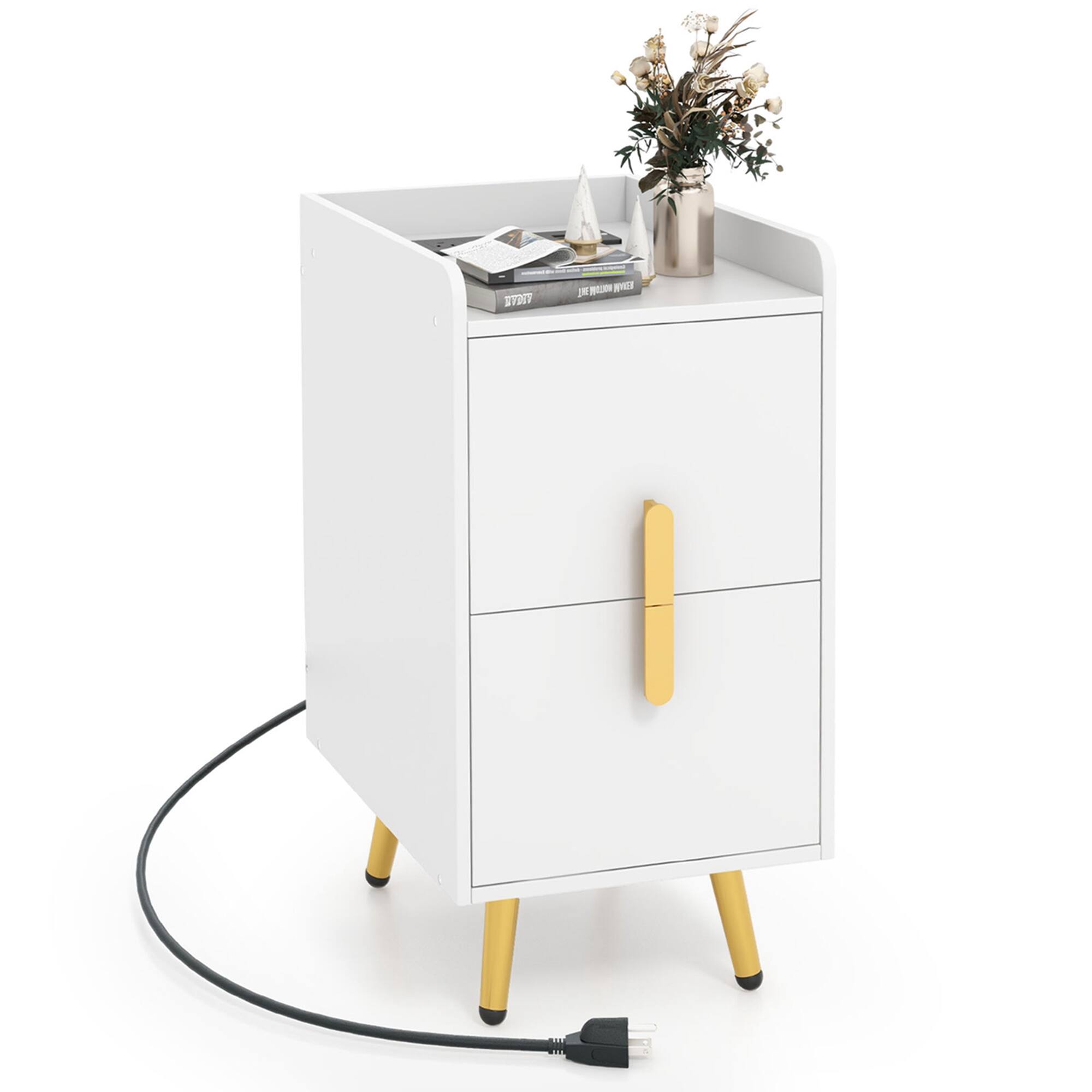 Front. Costway - Nightstand with Charging Station Home Bedside Sofa Side Tables with 2 Drawers - White.