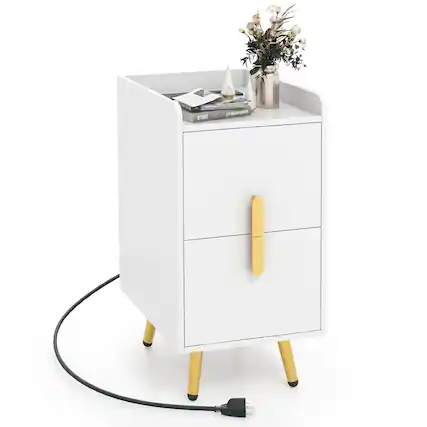 Front. Costway - Nightstand with Charging Station Home Bedside Sofa Side Tables with 2 Drawers - White.