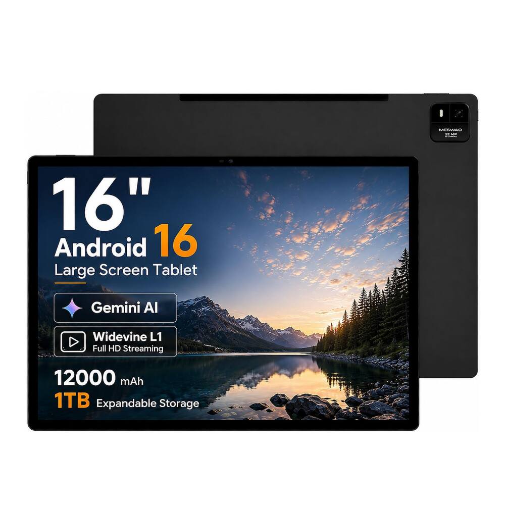 MESWAO - 16-Inch Android 16 Tablet with 256GB Storage, 16GB Memory, 1920 x 1200 IPS Display, Helio G99, Widevine L1 - Black