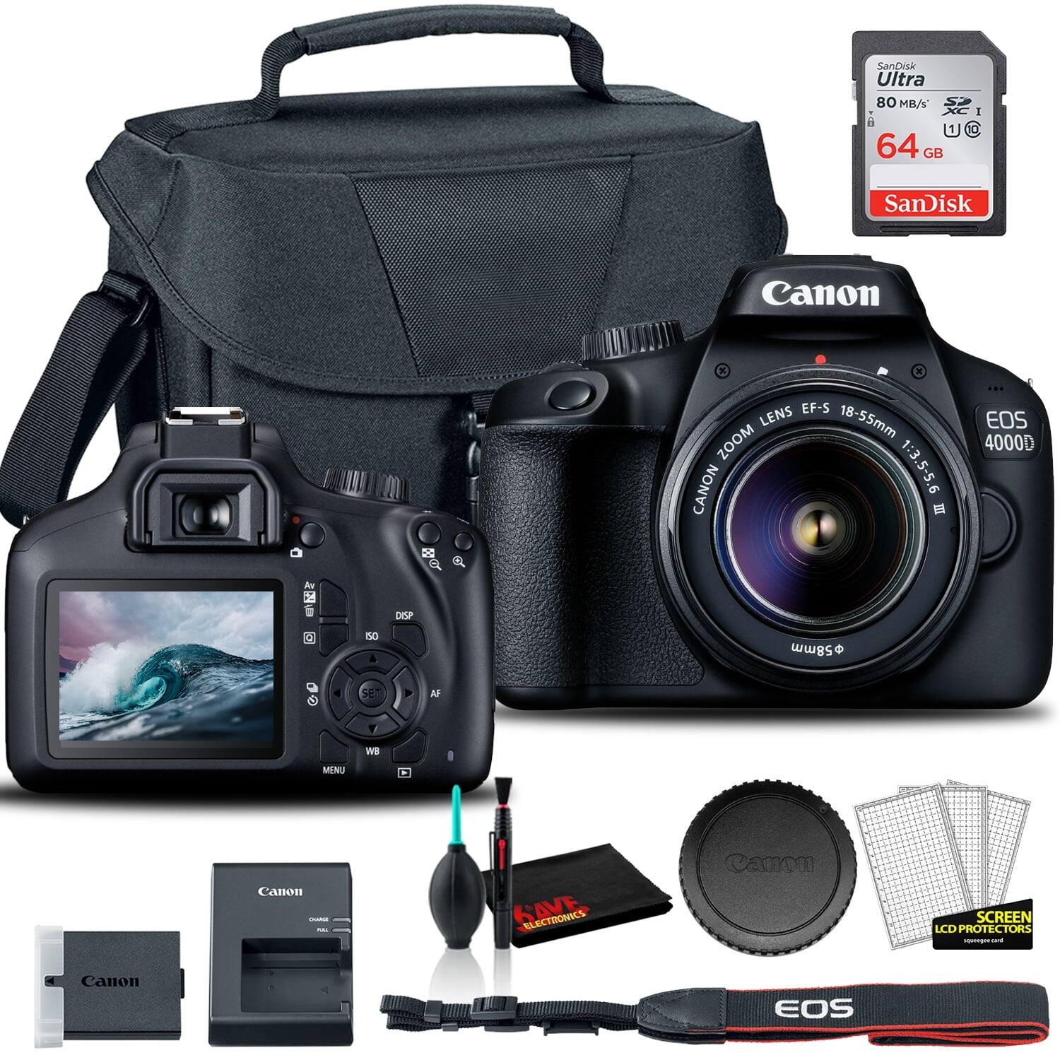 SanDisk Ultra 80 MB/s U 64 GB

SanDisk Canon EF-S LENS 18-55mm ZOOM CANON 1:3.5-5.6 EOS 4000D

Canon EOS 4000D

Canon EF-S 18-55mm 1:3.5-5.6 III

Canon LCD PROTECTORS

Canon SCREEN LCD PROTECTORS

Canon EOS 4000D

Canon CAMERA BATTERY CHARGE

Canon CAMERA BATTERY

Canon CAMERA STRAP

Canon CAMERA LENS CAP

Canon CAMERA REMOTE CONTROL

Canon CAMERA BAG