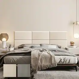 wowmax - Peel & Stick Faux Leather Headboard - Waterproof 3D Wall Panel for Full Bed, 23.6x11.8", (6-Pack) - Beige